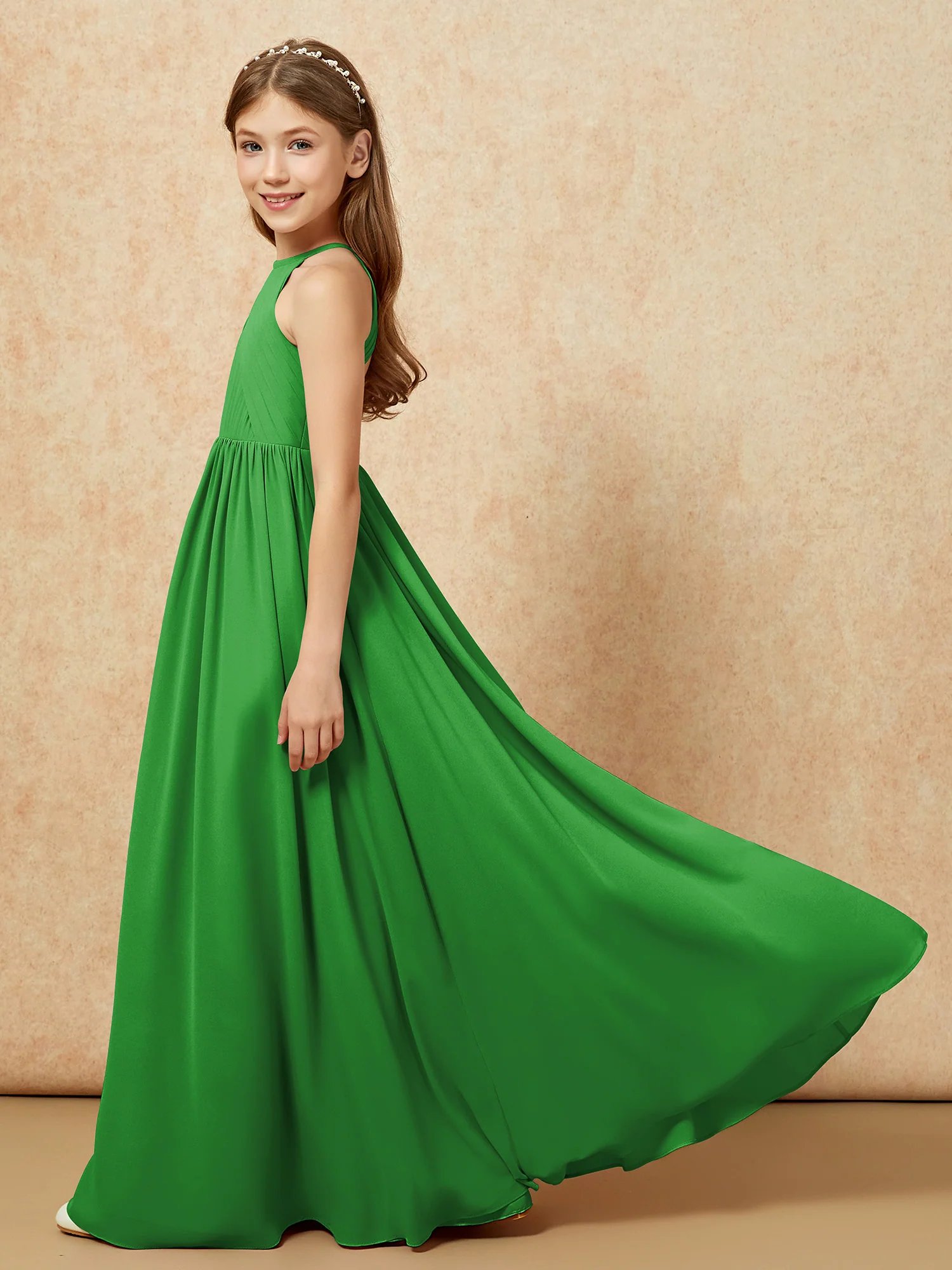 Halter Pleated Long Chiffon Junior Bridesmaid Dress Green - Image 7