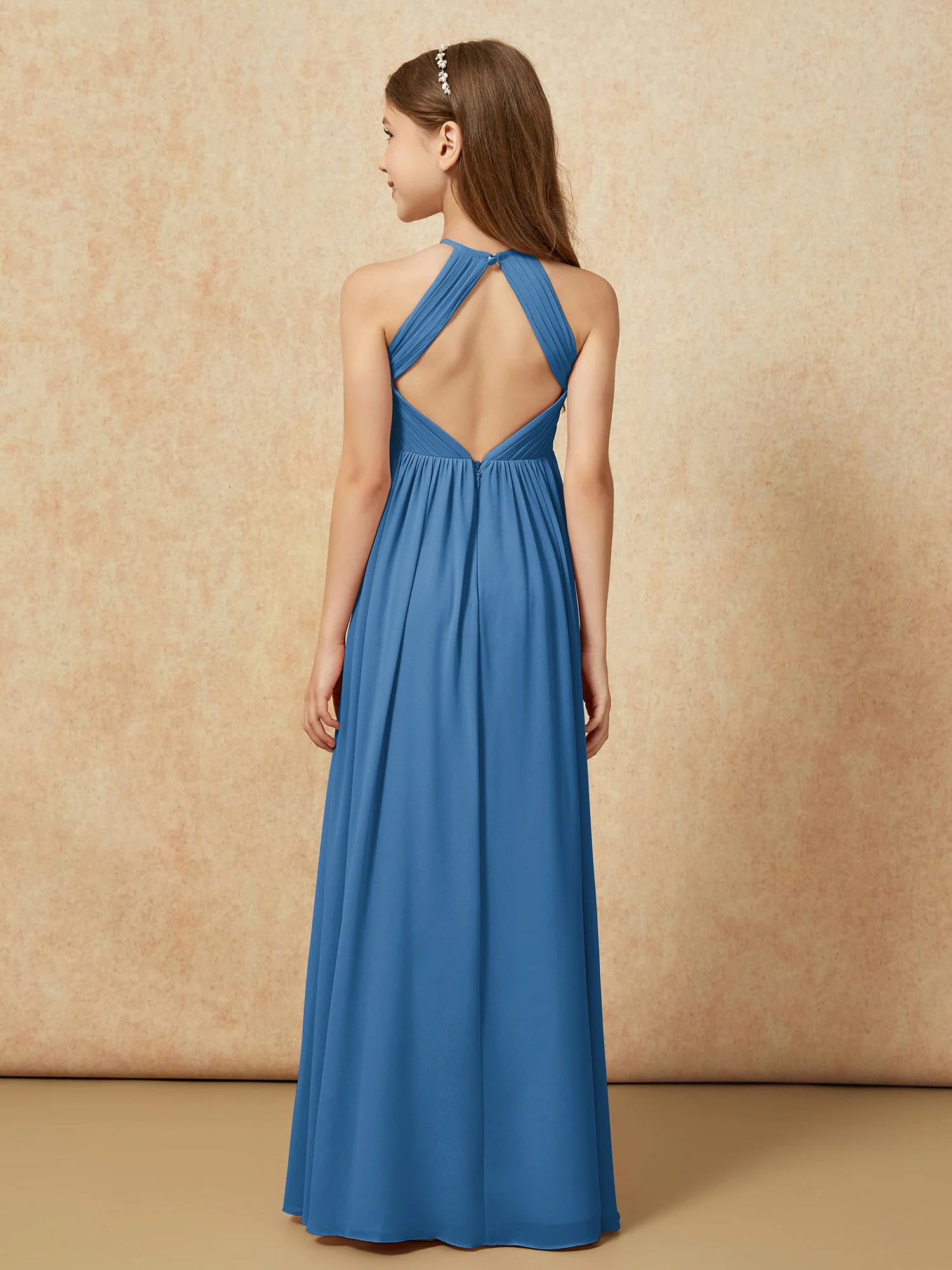 Halter Pleated Long Chiffon Junior Bridesmaid Dress Ink Blue - Image 2