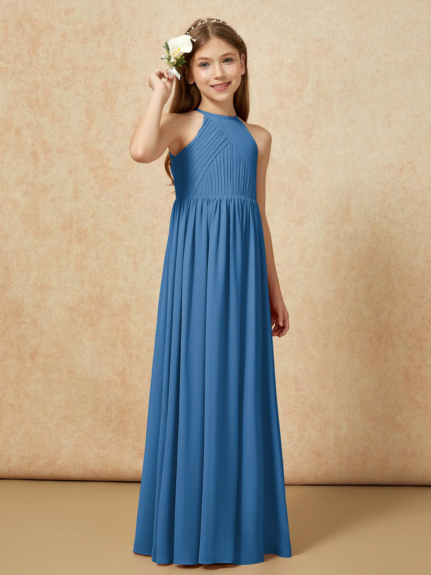 Halter Pleated Long Chiffon Junior Bridesmaid Dress Ink Blue - Image 4