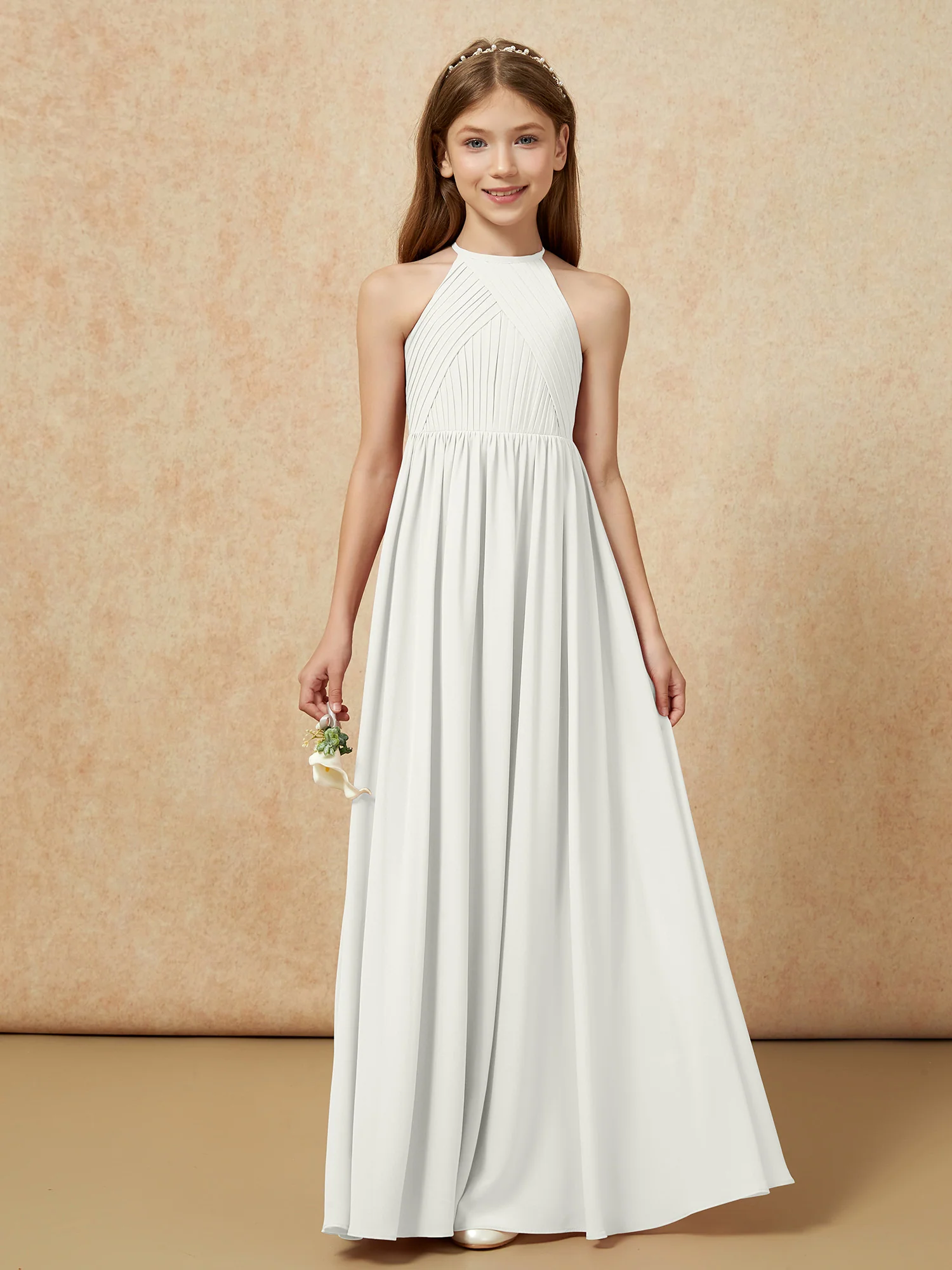 Halter Pleated Long Chiffon Junior Bridesmaid Dress Ivory