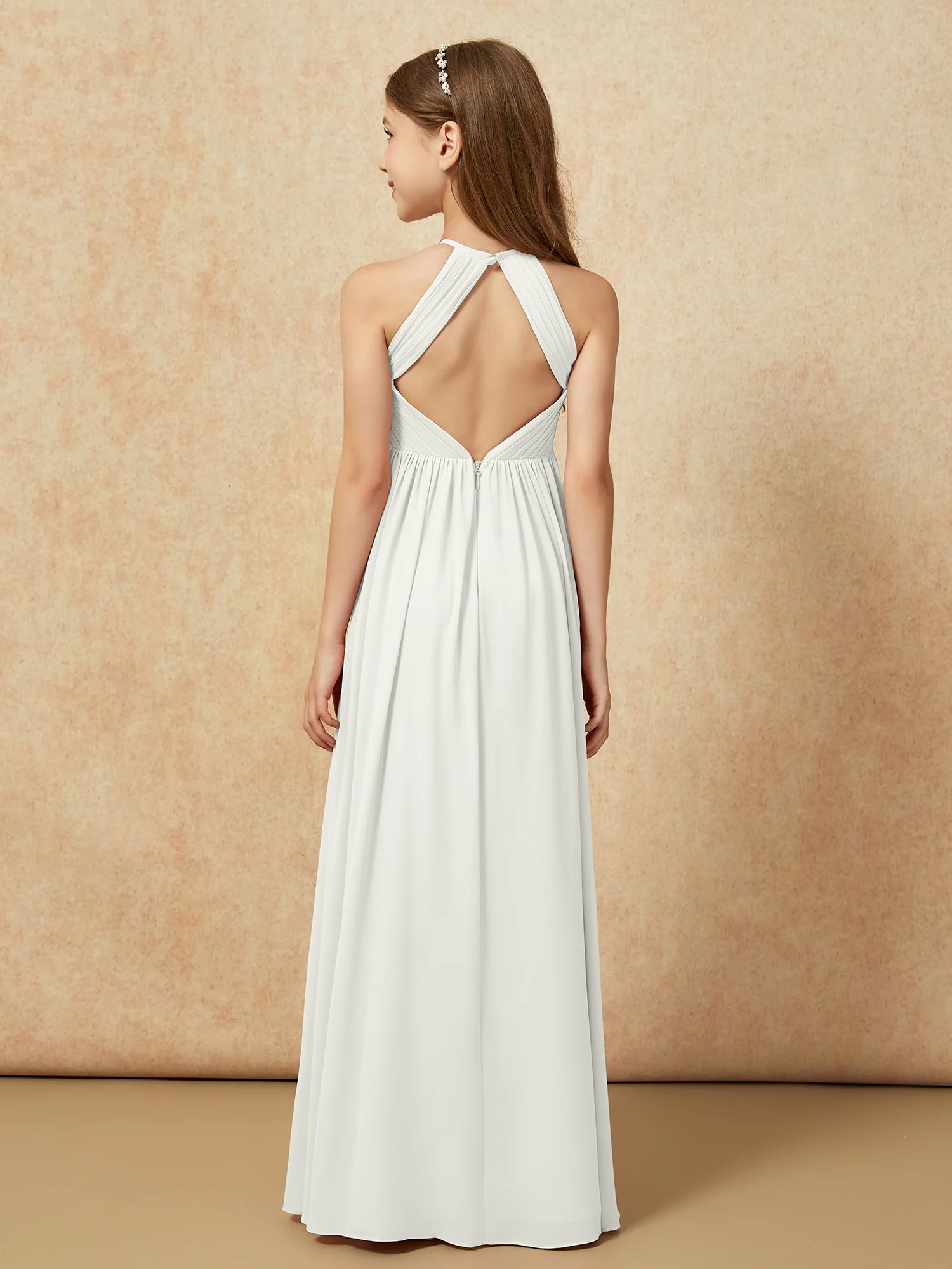 Halter Pleated Long Chiffon Junior Bridesmaid Dress Ivory - Image 2