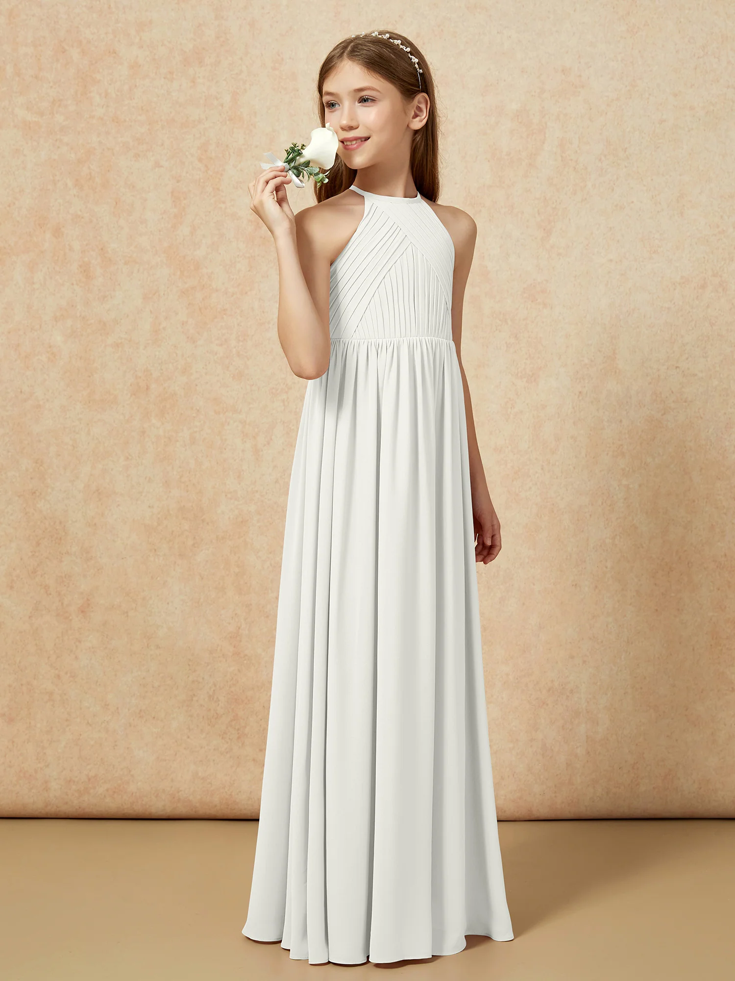 Halter Pleated Long Chiffon Junior Bridesmaid Dress Ivory - Image 3