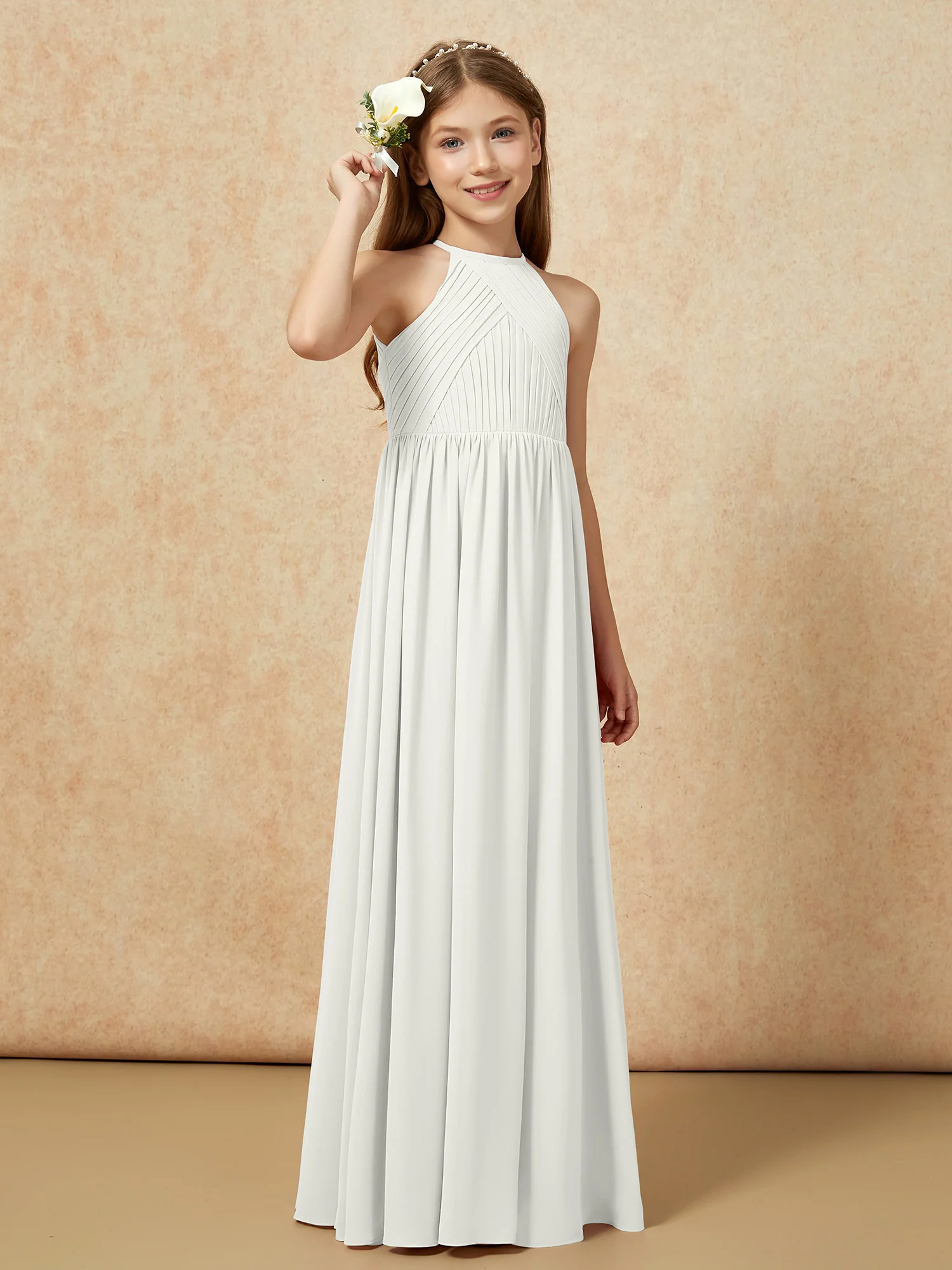 Halter Pleated Long Chiffon Junior Bridesmaid Dress Ivory - Image 4