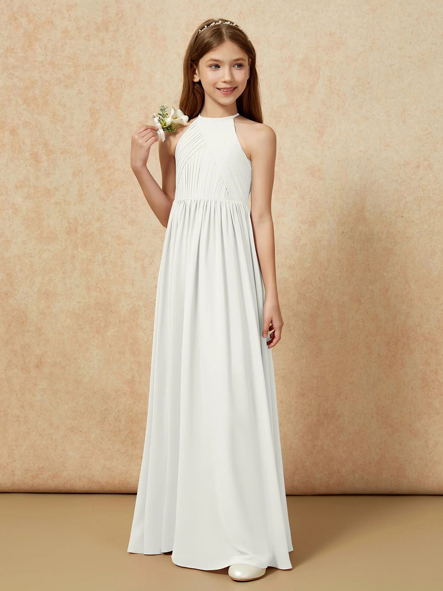 Halter Pleated Long Chiffon Junior Bridesmaid Dress Ivory - Image 5