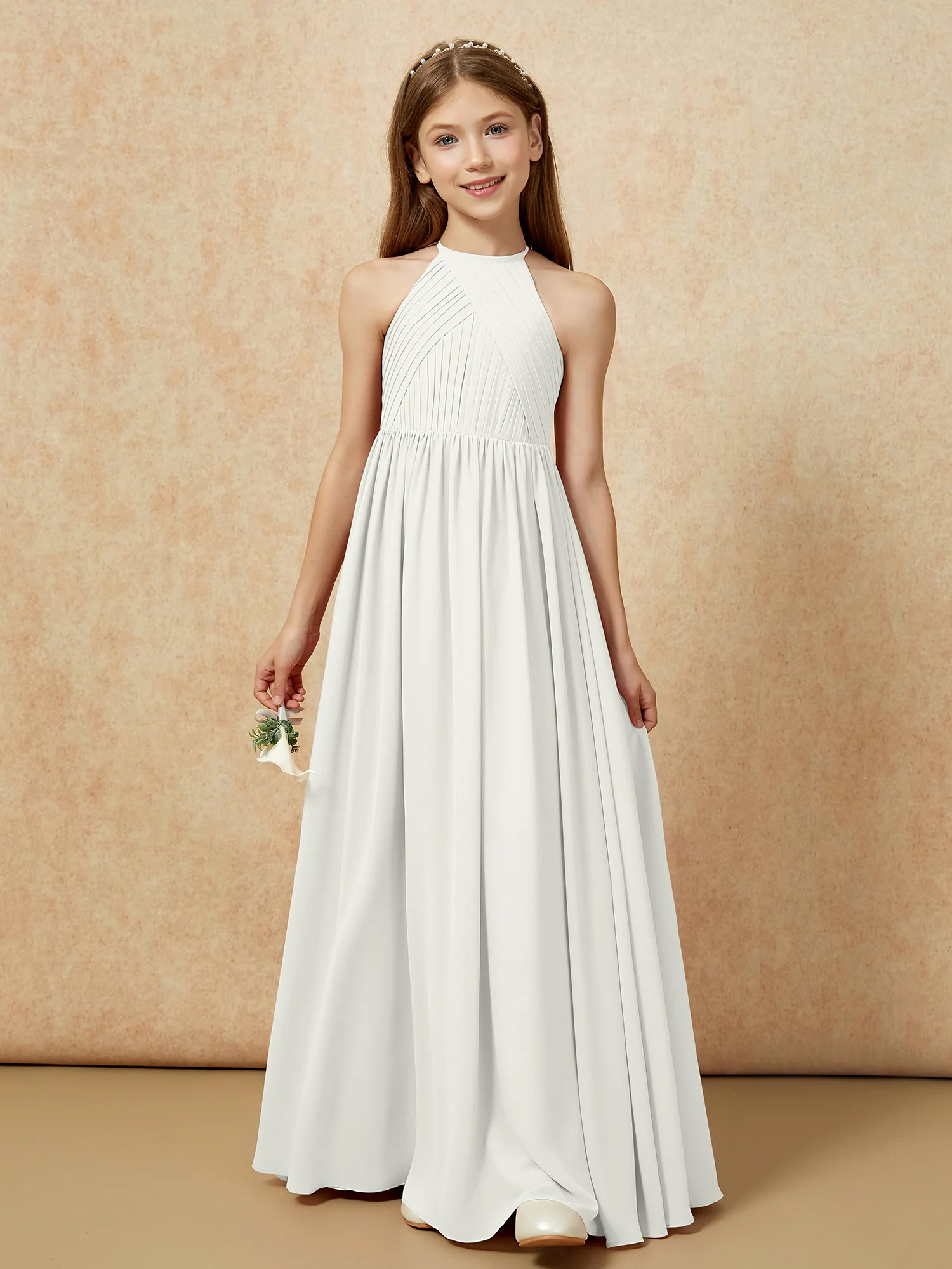 Halter Pleated Long Chiffon Junior Bridesmaid Dress Ivory - Image 6