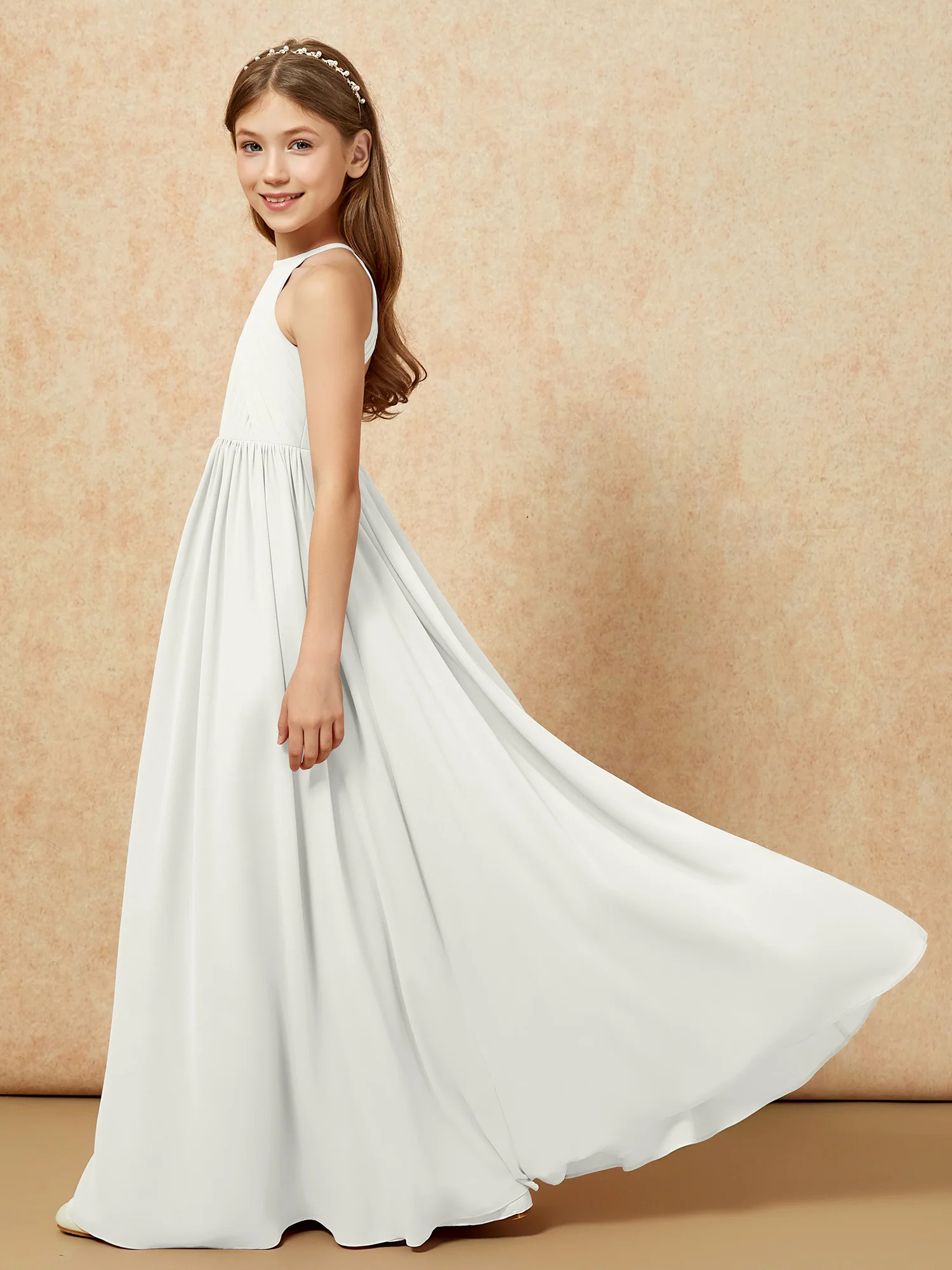 Halter Pleated Long Chiffon Junior Bridesmaid Dress Ivory - Image 7