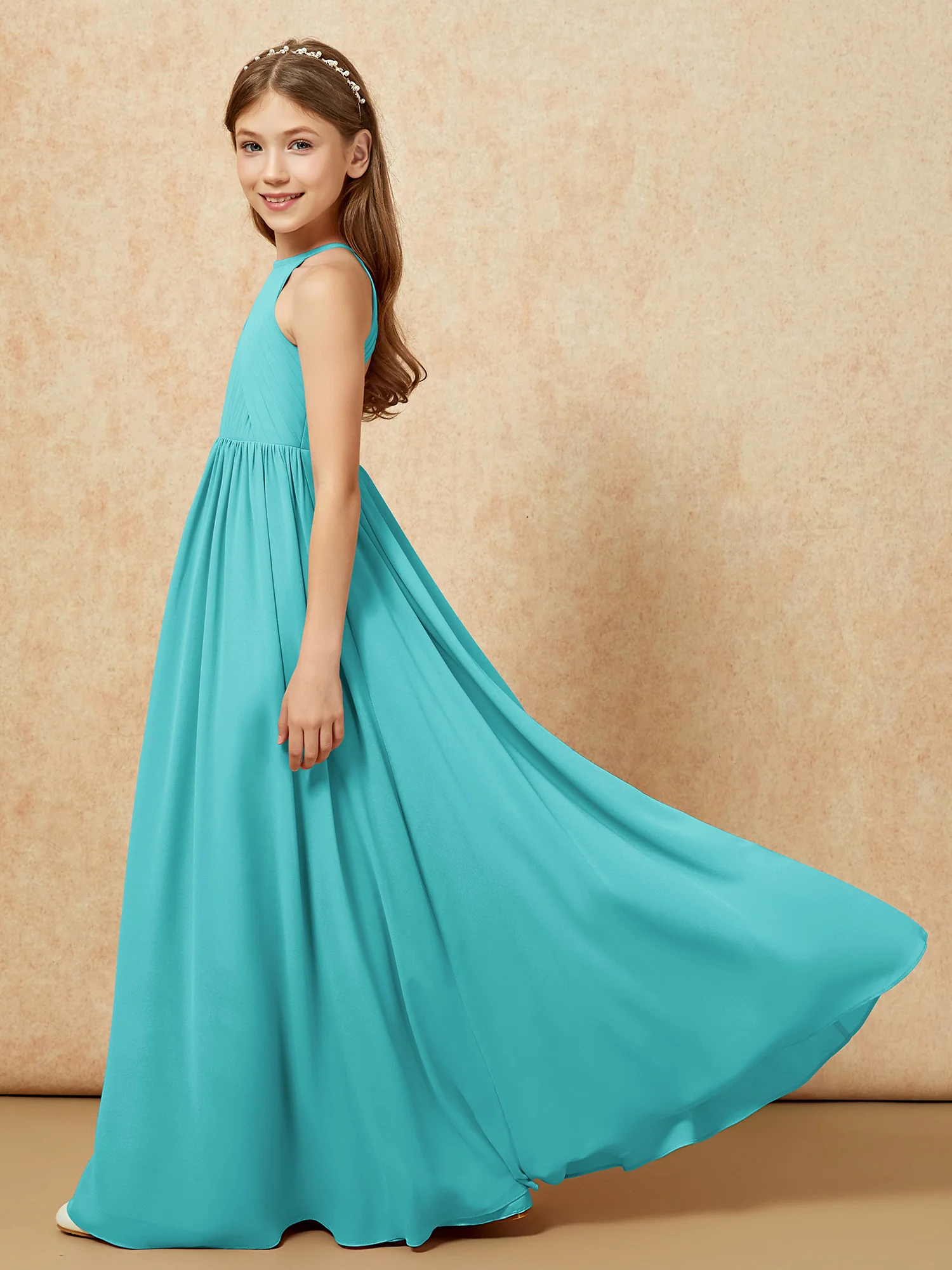 Halter Pleated Long Chiffon Junior Bridesmaid Dress Jade - Image 7