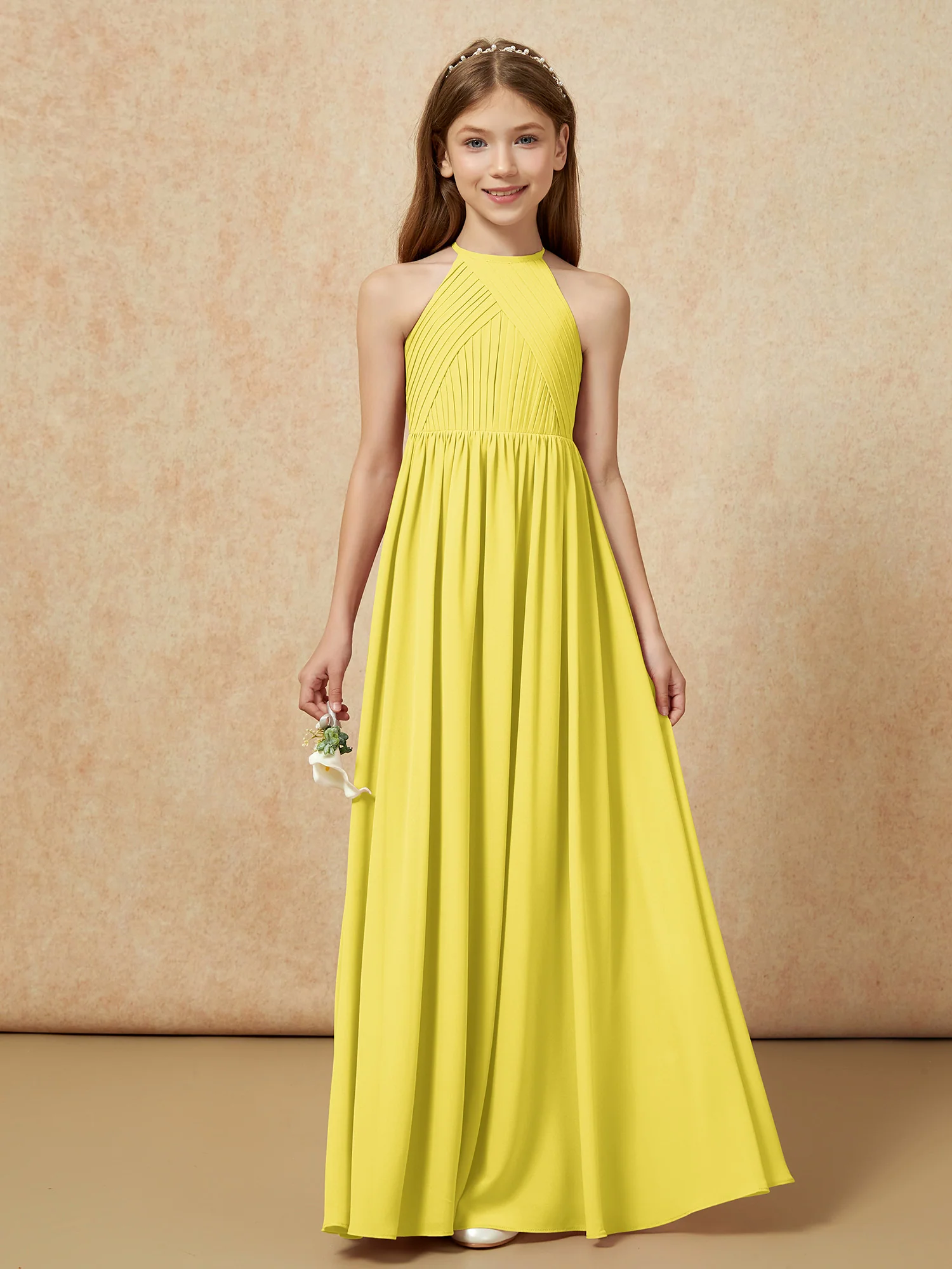 Halter Pleated Long Chiffon Junior Bridesmaid Dress Lemon