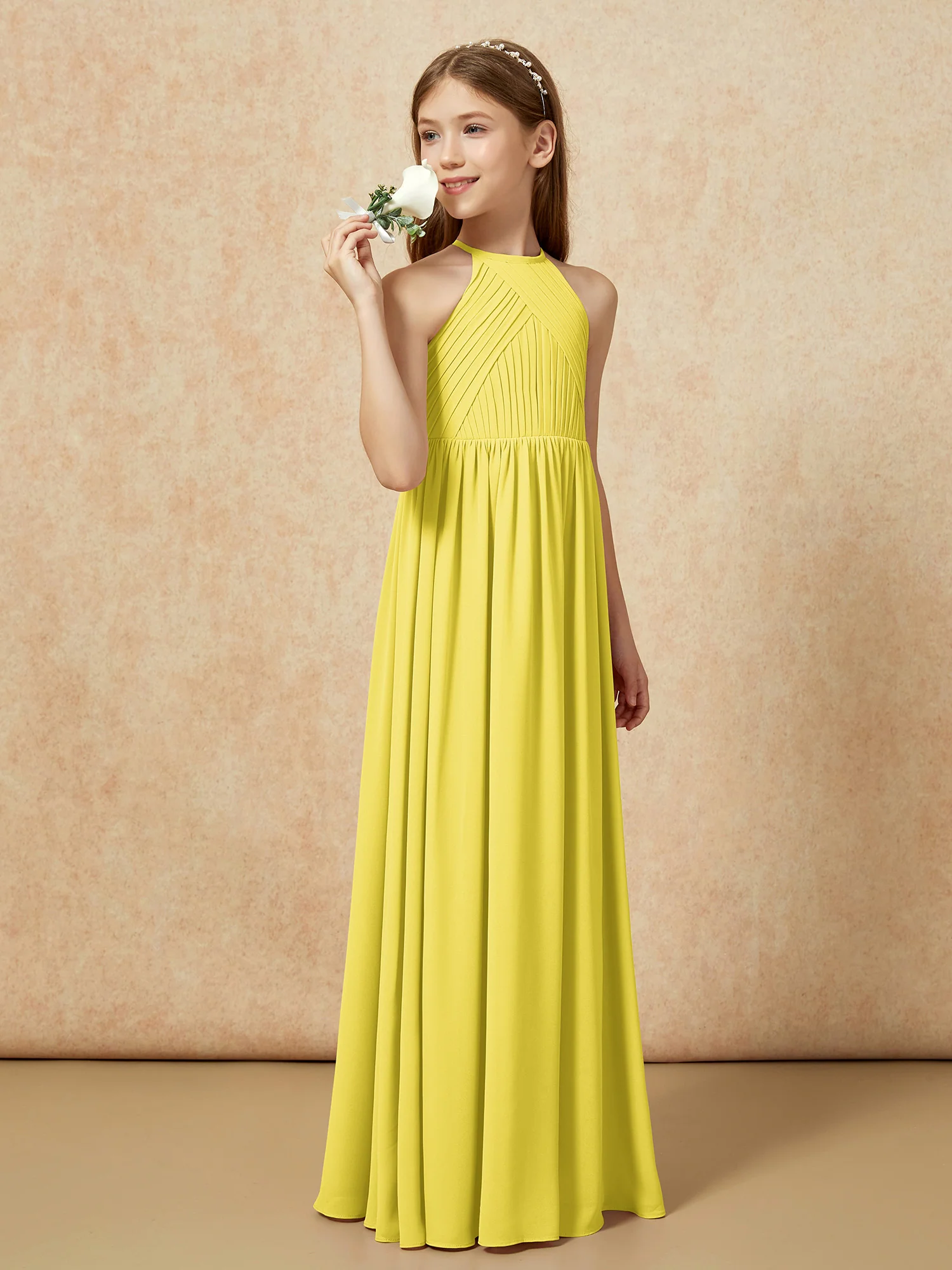 Halter Pleated Long Chiffon Junior Bridesmaid Dress Lemon - Image 3