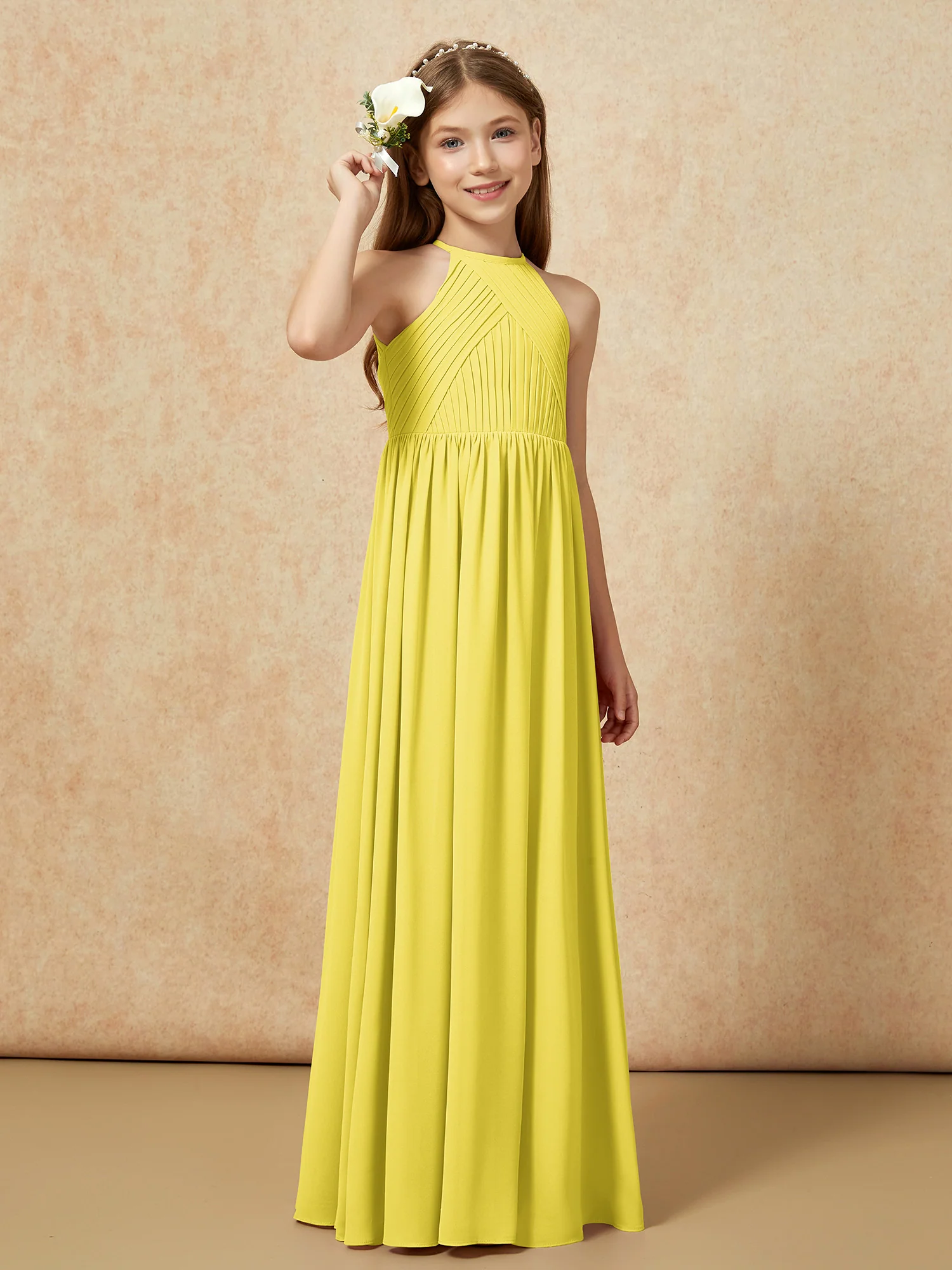 Halter Pleated Long Chiffon Junior Bridesmaid Dress Lemon - Image 4