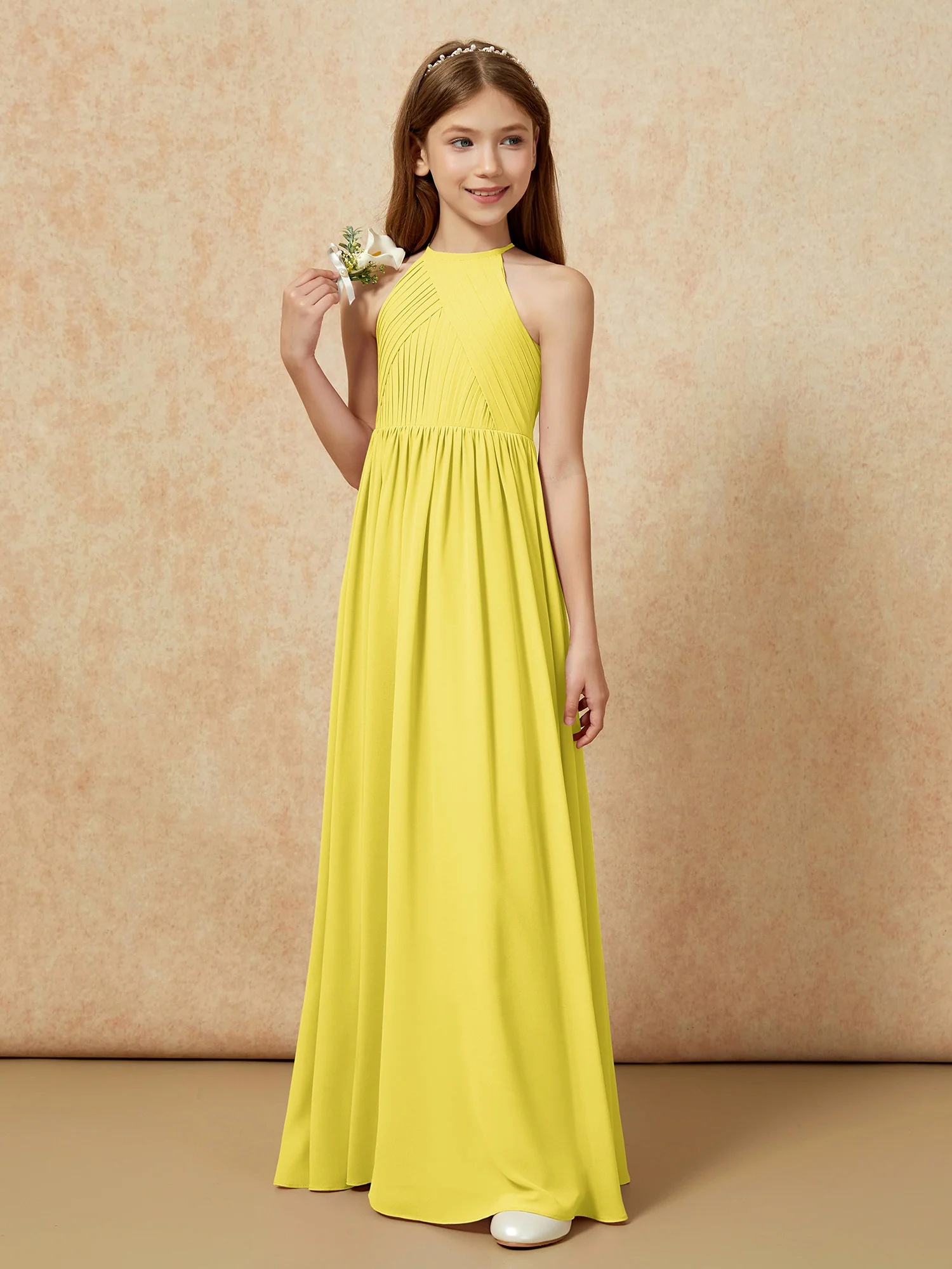 Halter Pleated Long Chiffon Junior Bridesmaid Dress Lemon - Image 5