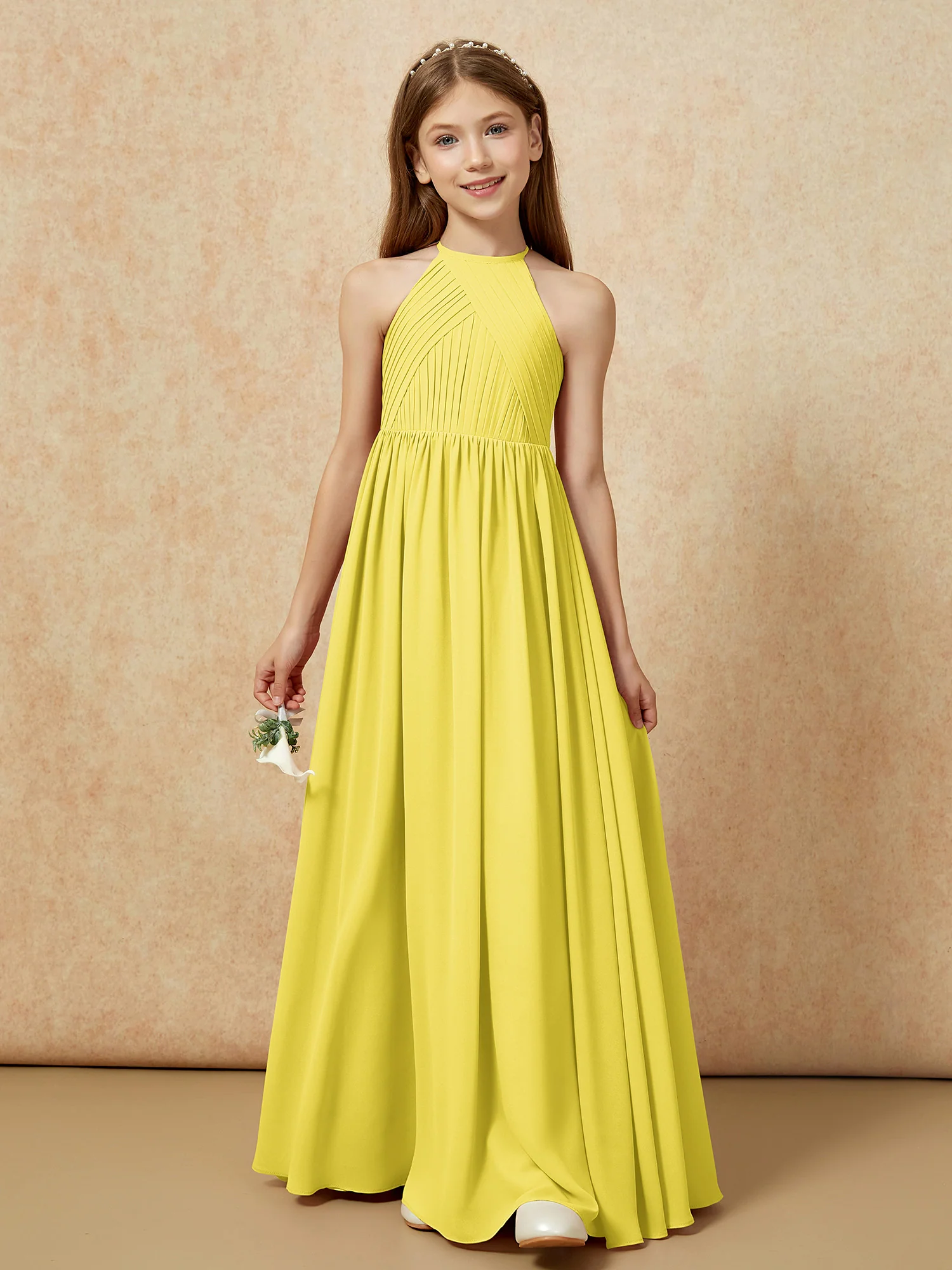 Halter Pleated Long Chiffon Junior Bridesmaid Dress Lemon - Image 6