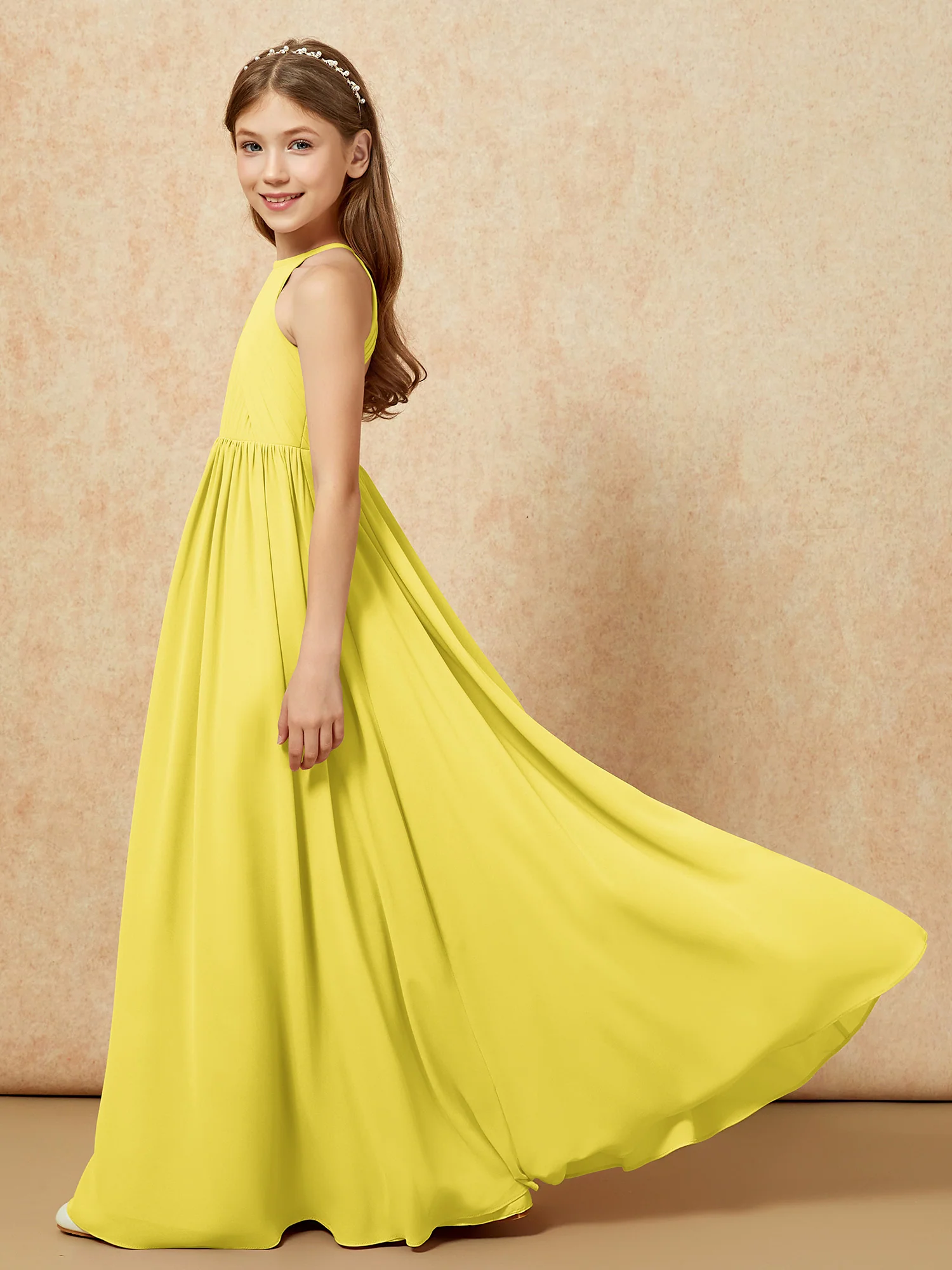 Halter Pleated Long Chiffon Junior Bridesmaid Dress Lemon - Image 7
