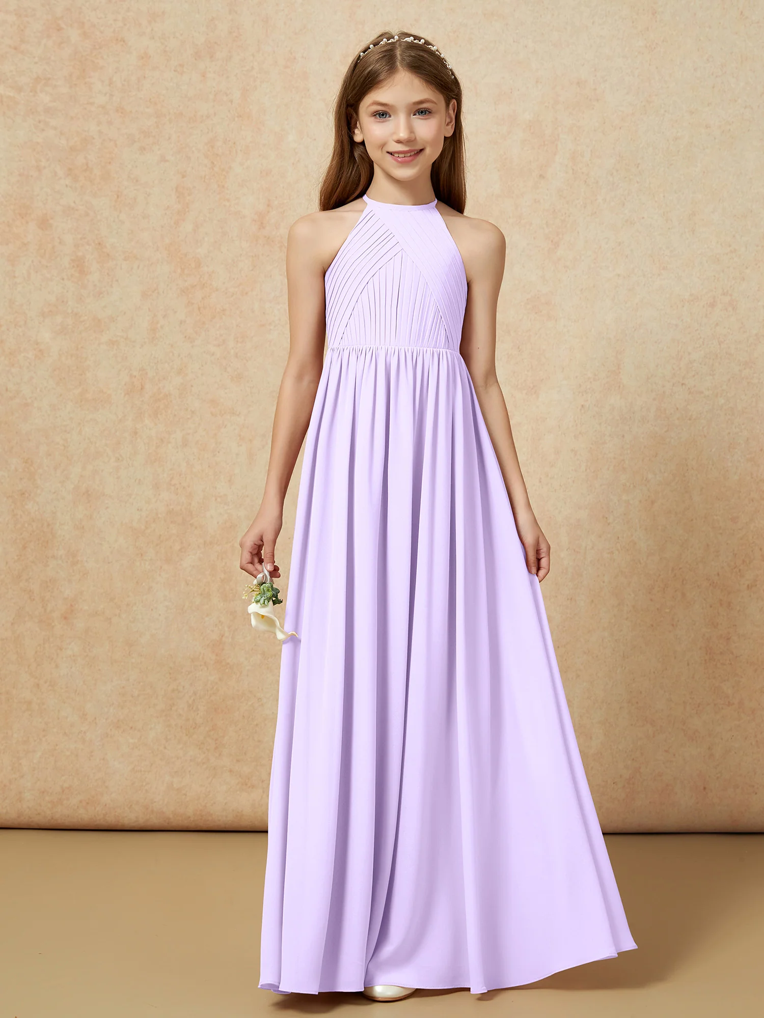 Halter Pleated Long Chiffon Junior Bridesmaid Dress Lilac
