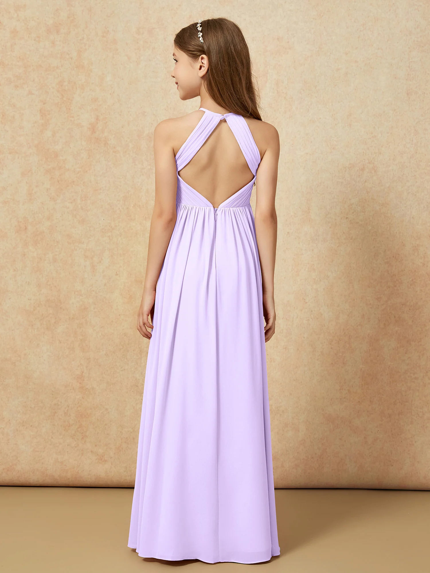 Halter Pleated Long Chiffon Junior Bridesmaid Dress Lilac - Image 2