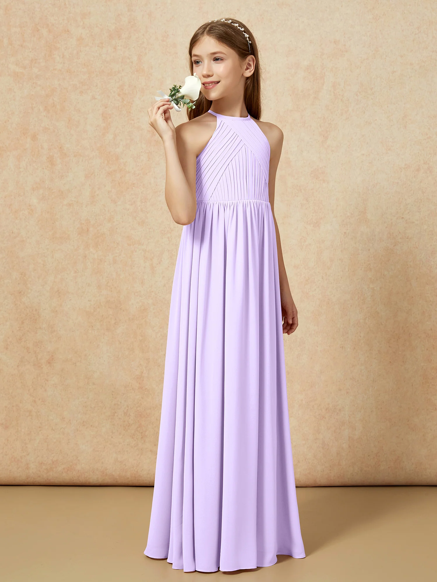 Halter Pleated Long Chiffon Junior Bridesmaid Dress Lilac - Image 3