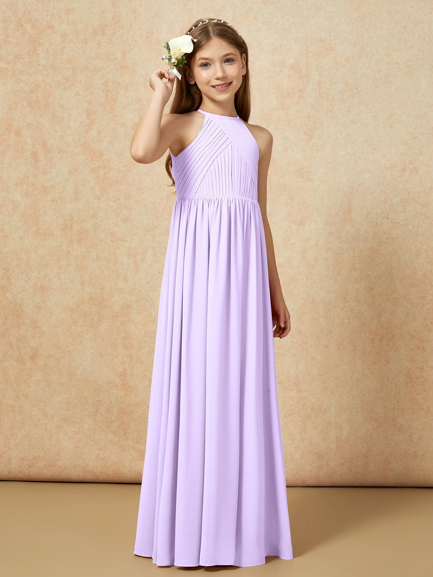 Halter Pleated Long Chiffon Junior Bridesmaid Dress Lilac - Image 4
