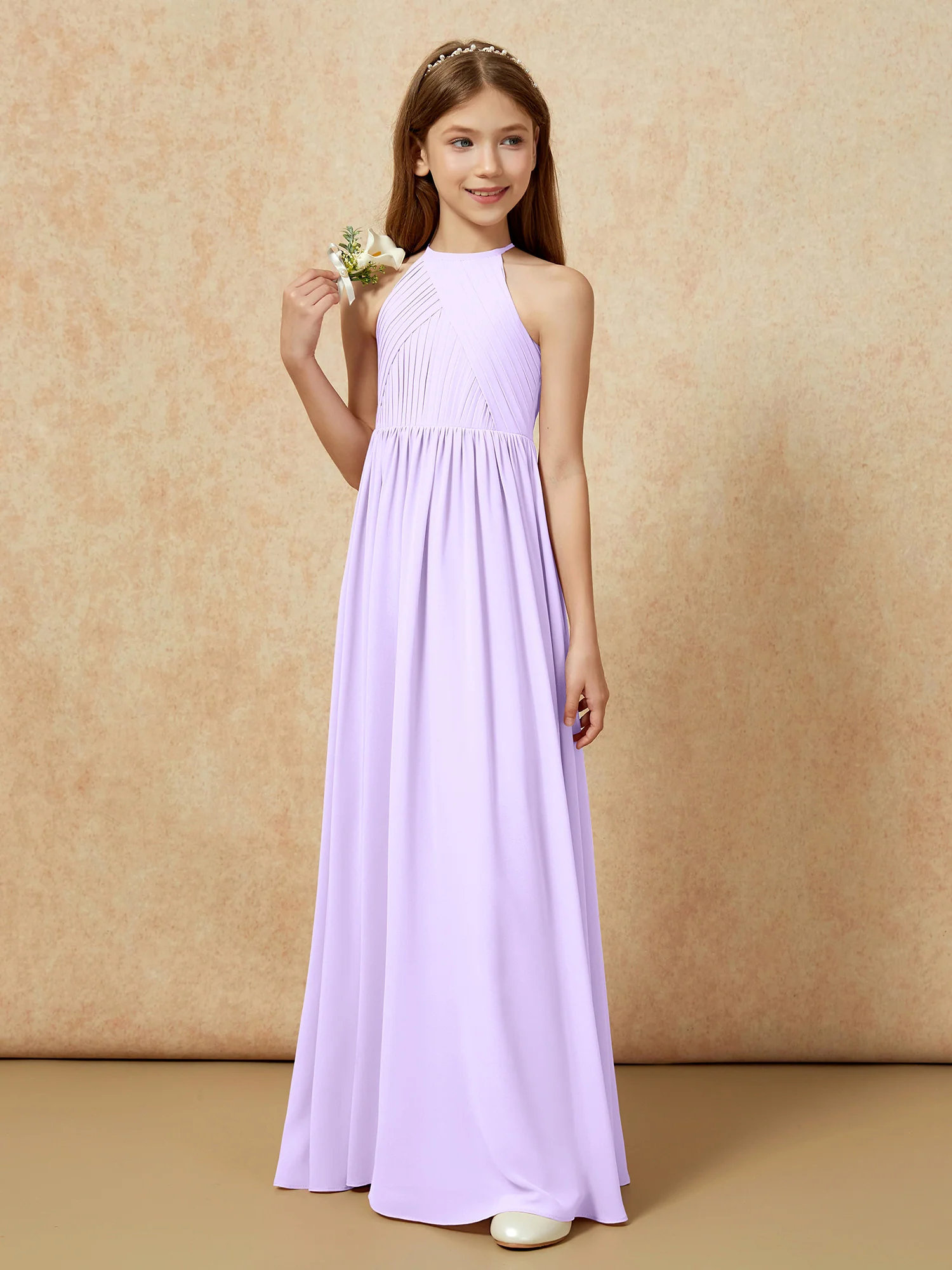 Halter Pleated Long Chiffon Junior Bridesmaid Dress Lilac - Image 5