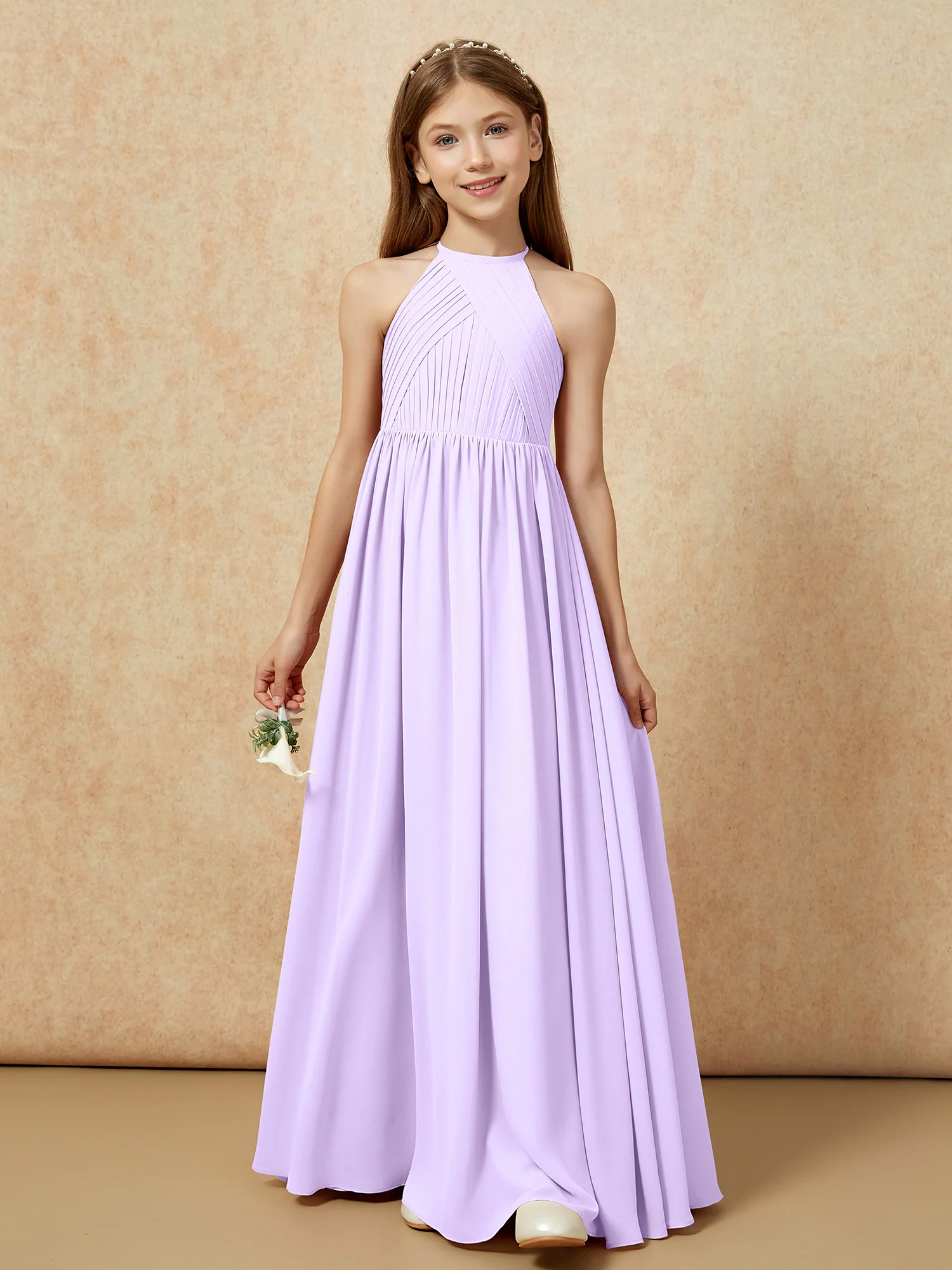 Halter Pleated Long Chiffon Junior Bridesmaid Dress Lilac - Image 6