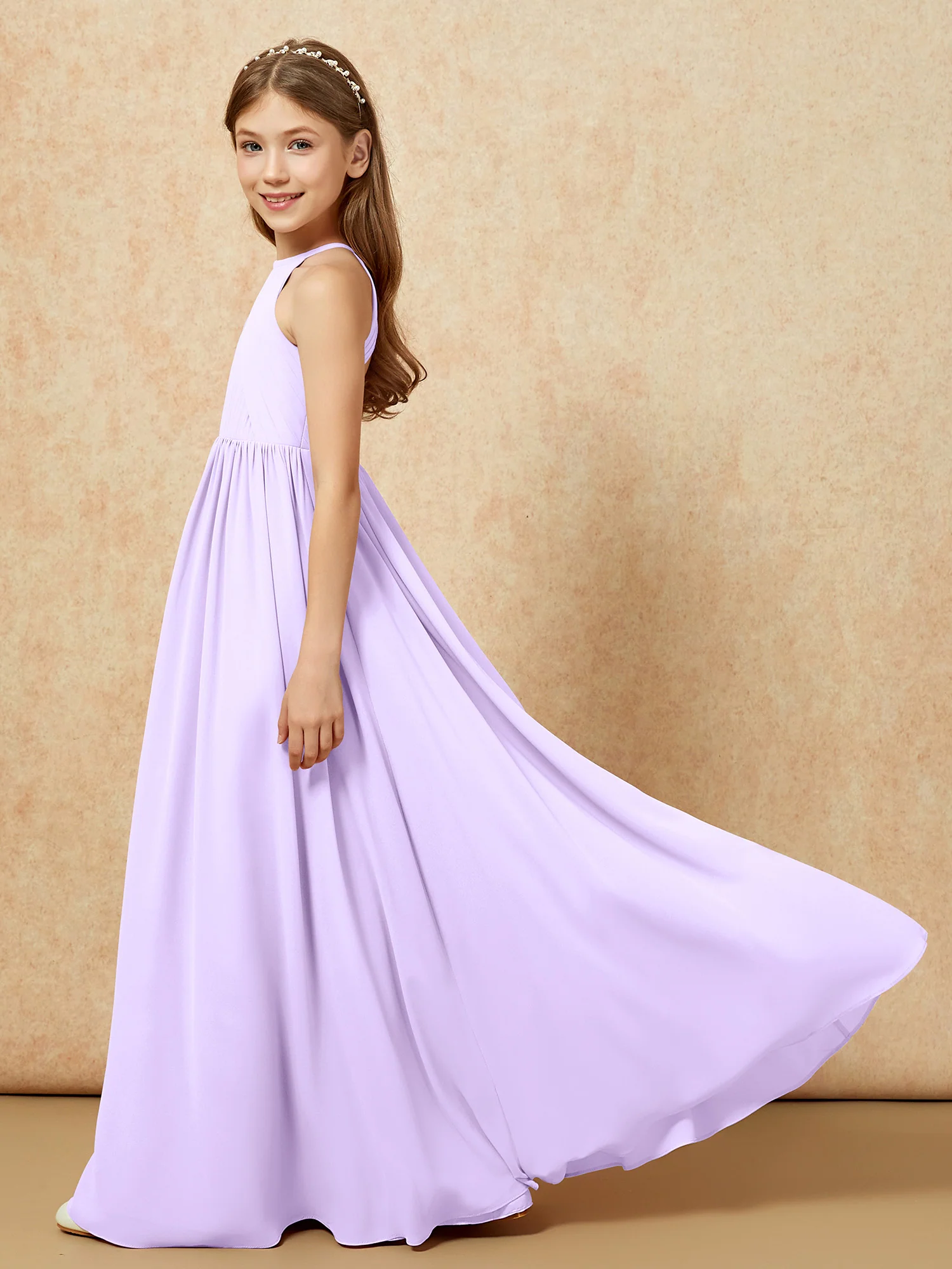 Halter Pleated Long Chiffon Junior Bridesmaid Dress Lilac - Image 7