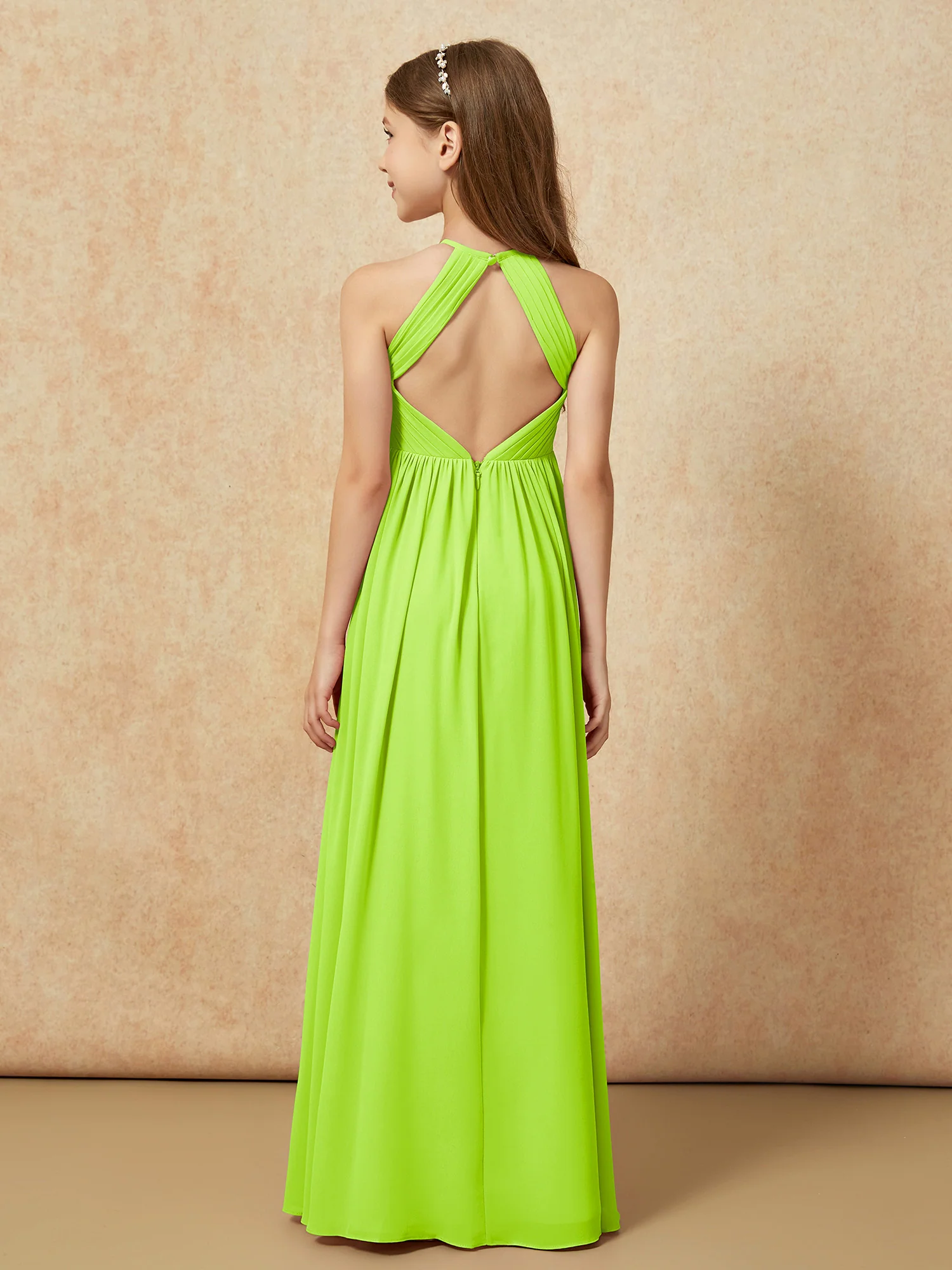 Halter Pleated Long Chiffon Junior Bridesmaid Dress Lime Green - Image 2