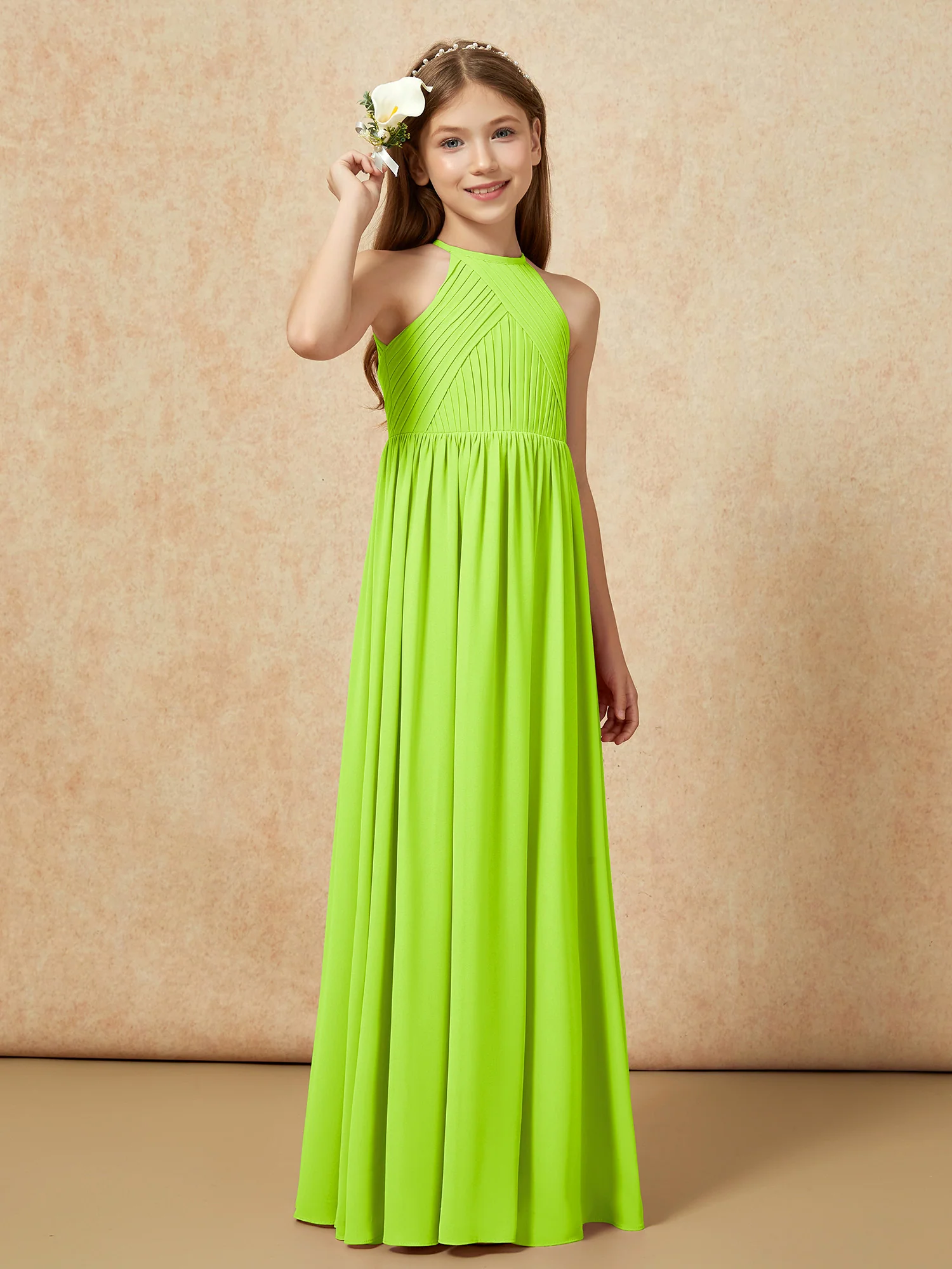 Halter Pleated Long Chiffon Junior Bridesmaid Dress Lime Green - Image 4