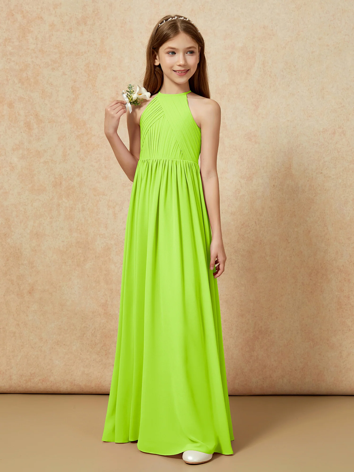 Halter Pleated Long Chiffon Junior Bridesmaid Dress Lime Green - Image 5
