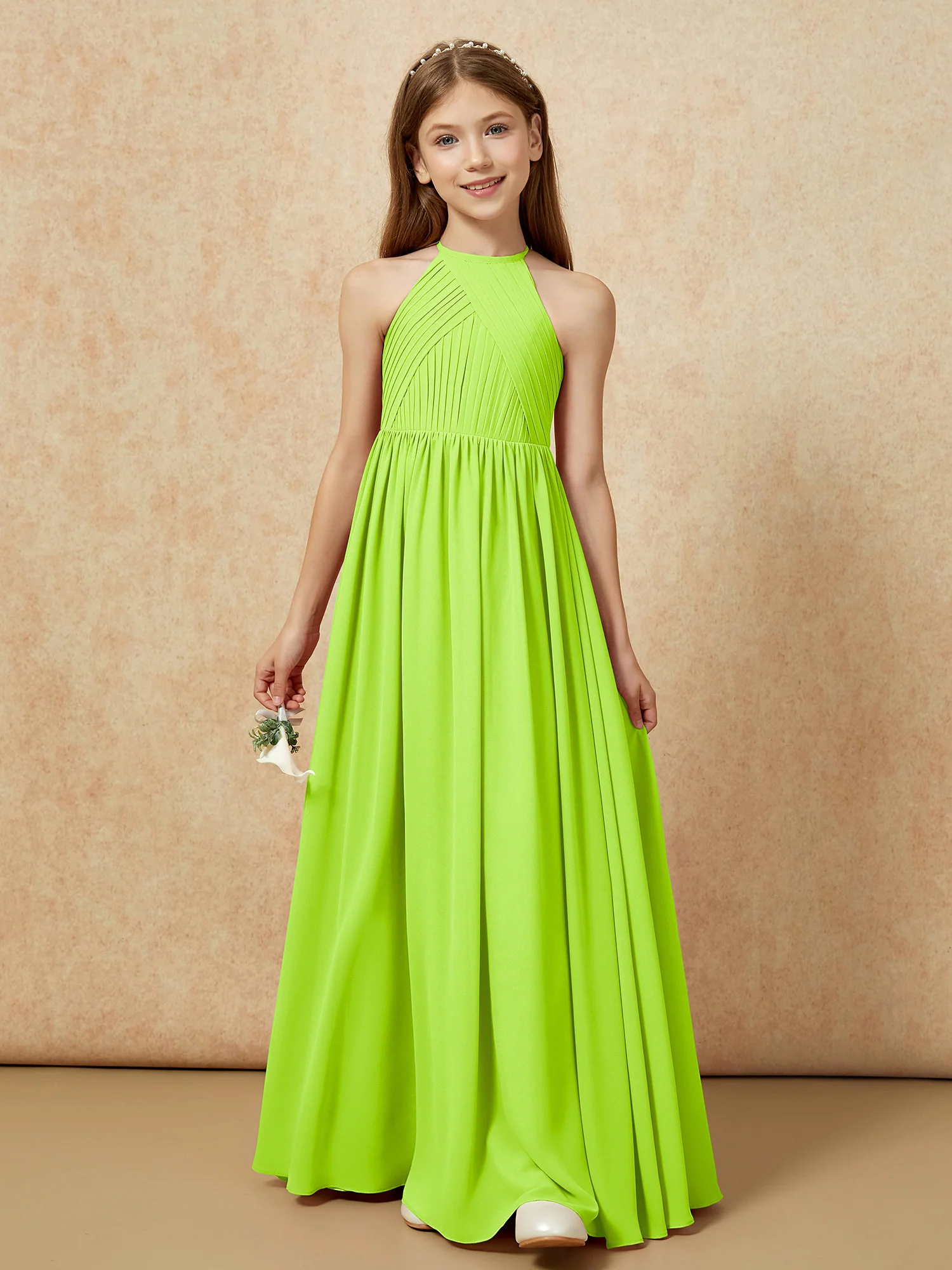 Halter Pleated Long Chiffon Junior Bridesmaid Dress Lime Green - Image 6