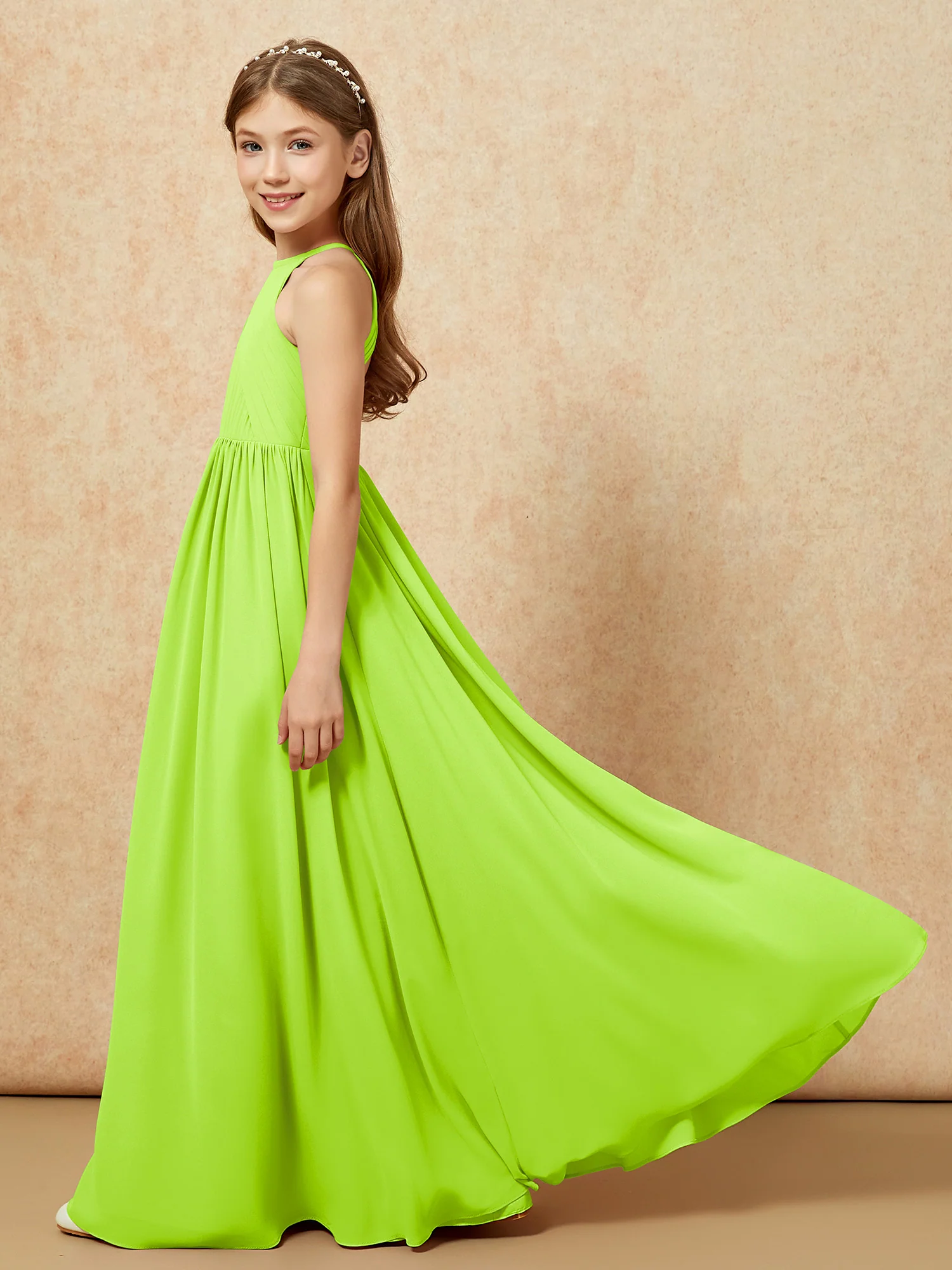 Halter Pleated Long Chiffon Junior Bridesmaid Dress Lime Green - Image 7