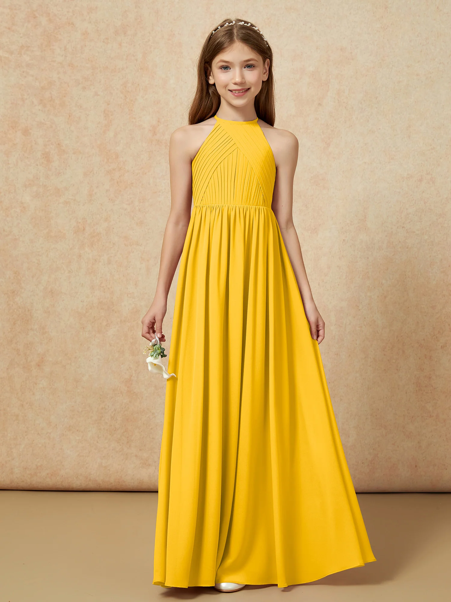 Halter Pleated Long Chiffon Junior Bridesmaid Dress Marigold
