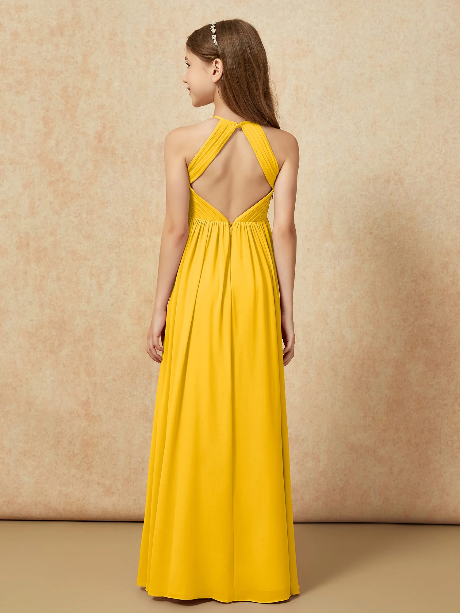 Halter Pleated Long Chiffon Junior Bridesmaid Dress Marigold - Image 2