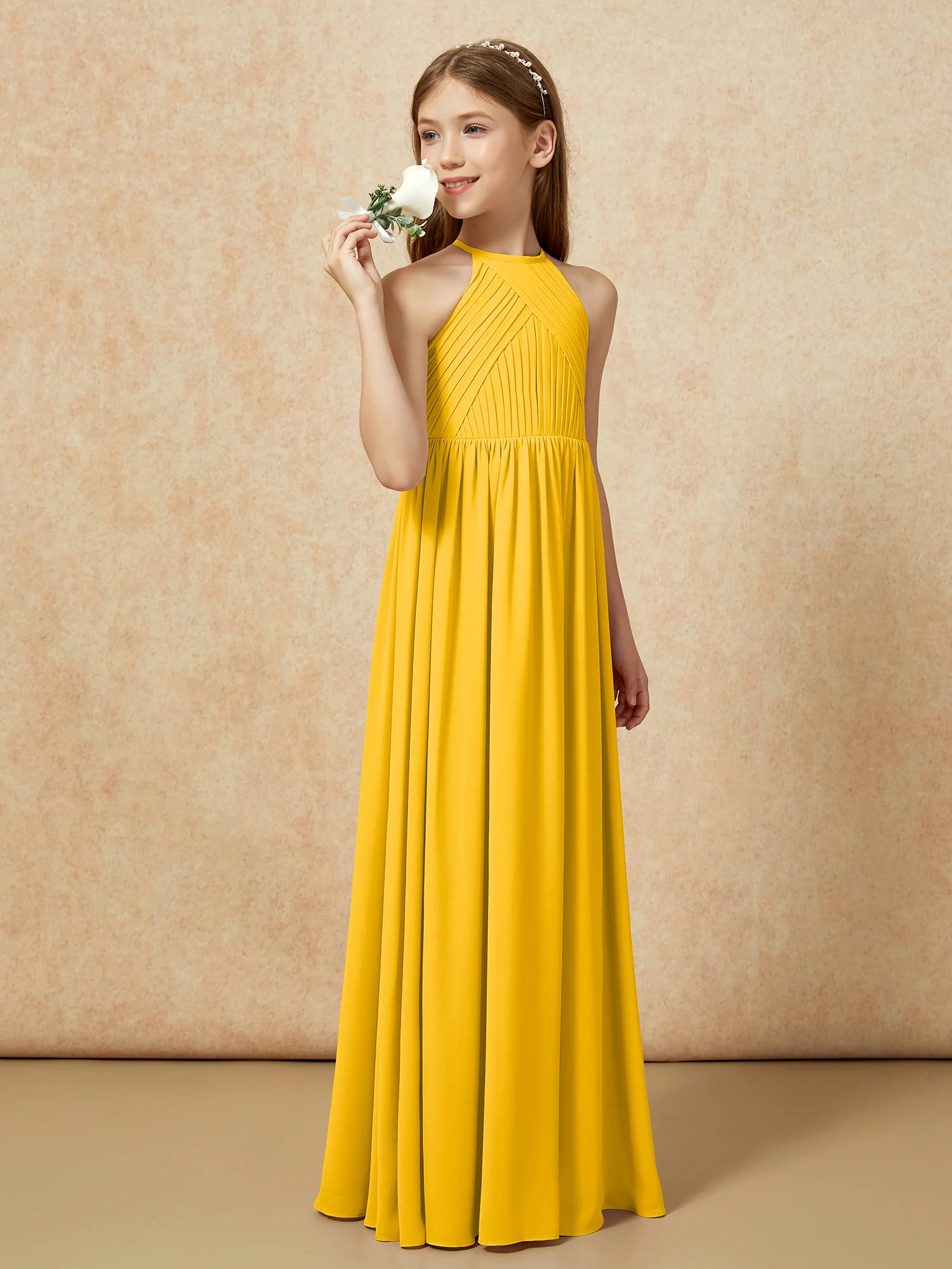 Halter Pleated Long Chiffon Junior Bridesmaid Dress Marigold - Image 3