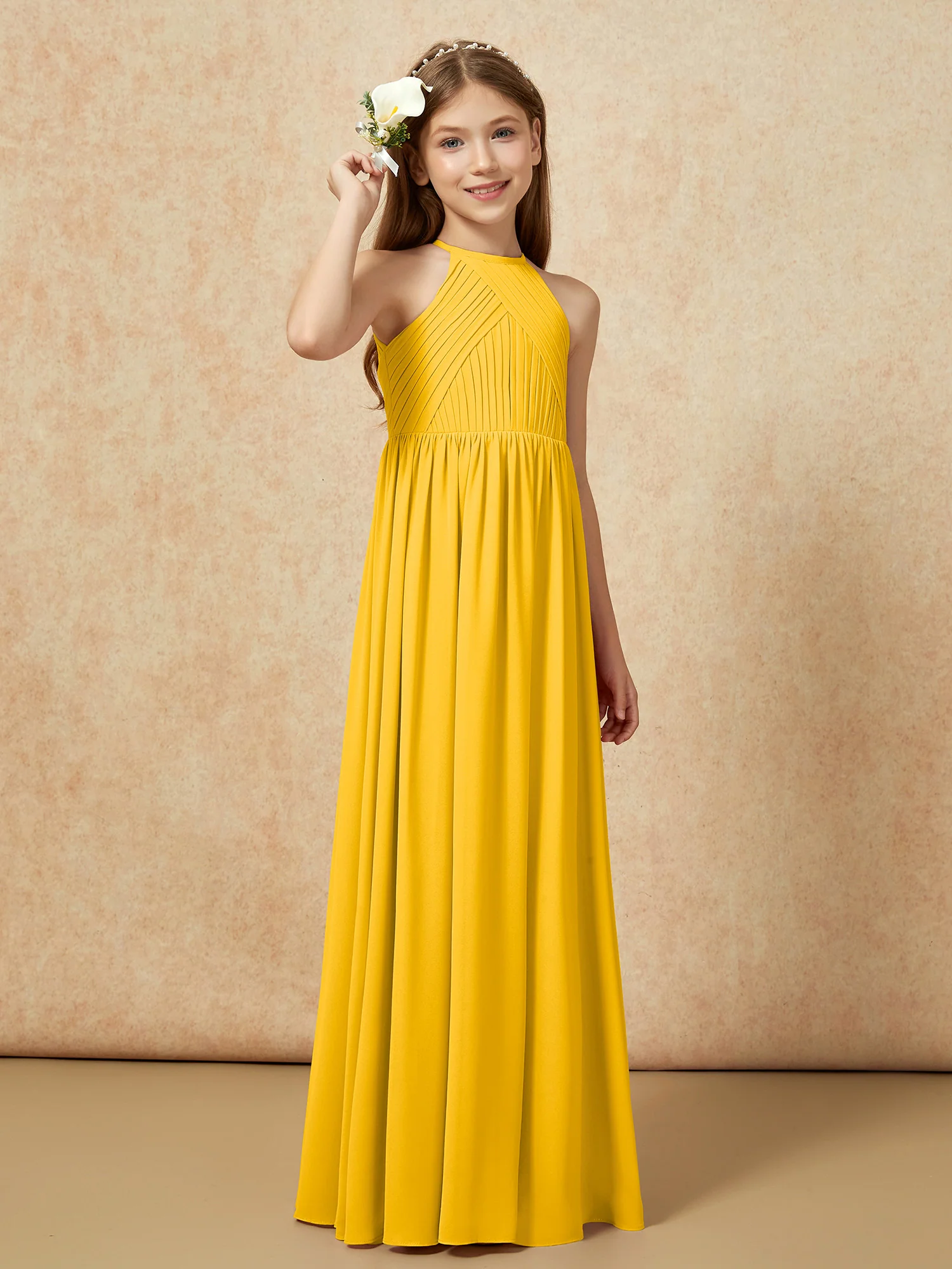 Halter Pleated Long Chiffon Junior Bridesmaid Dress Marigold - Image 4