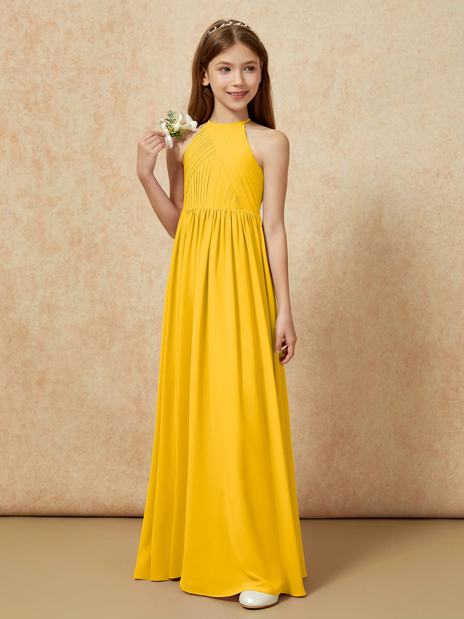 Halter Pleated Long Chiffon Junior Bridesmaid Dress Marigold - Image 5