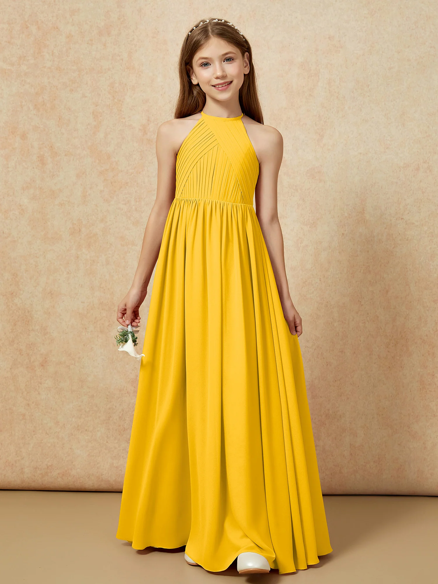 Halter Pleated Long Chiffon Junior Bridesmaid Dress Marigold - Image 6
