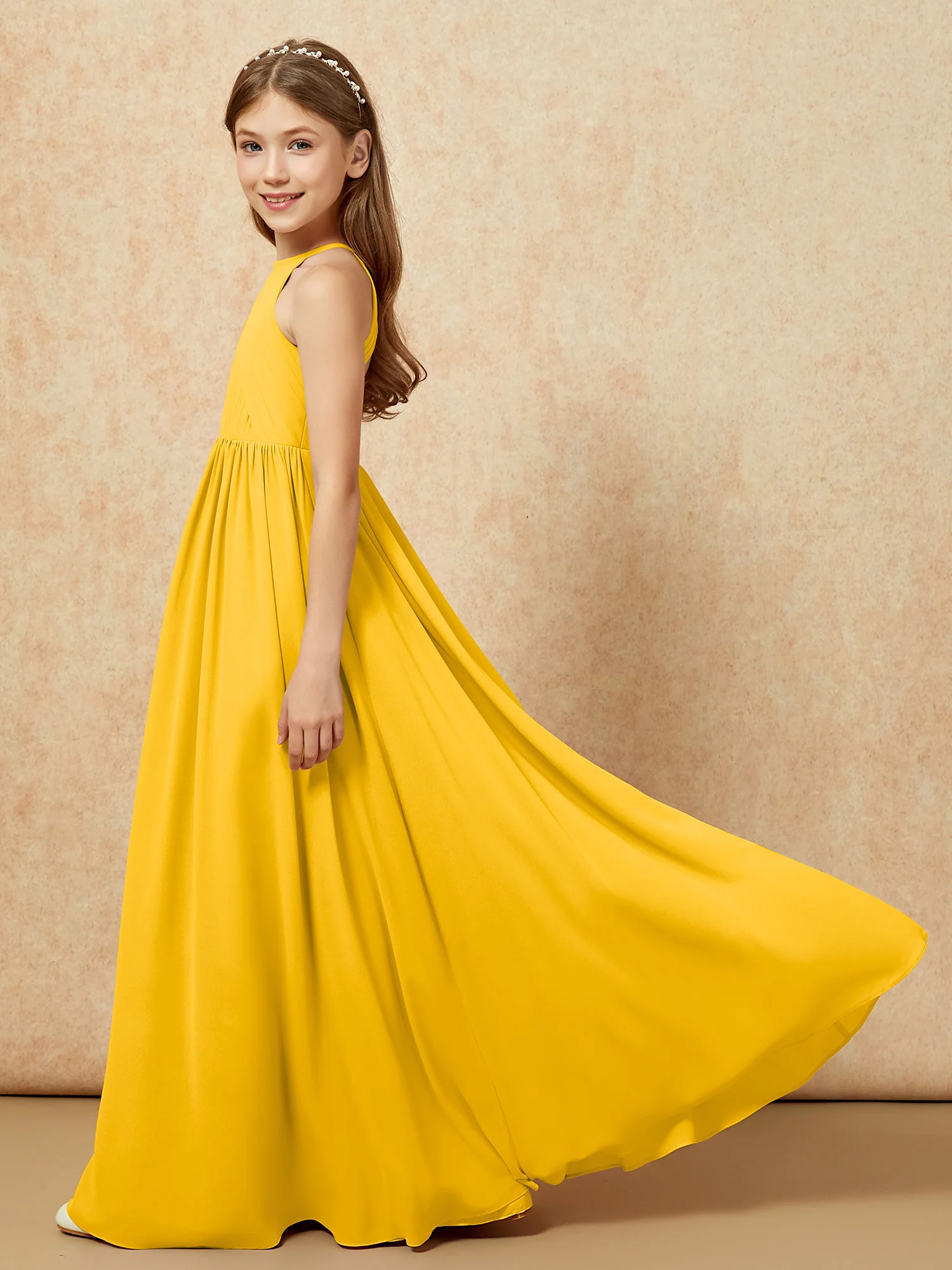 Halter Pleated Long Chiffon Junior Bridesmaid Dress Marigold - Image 7