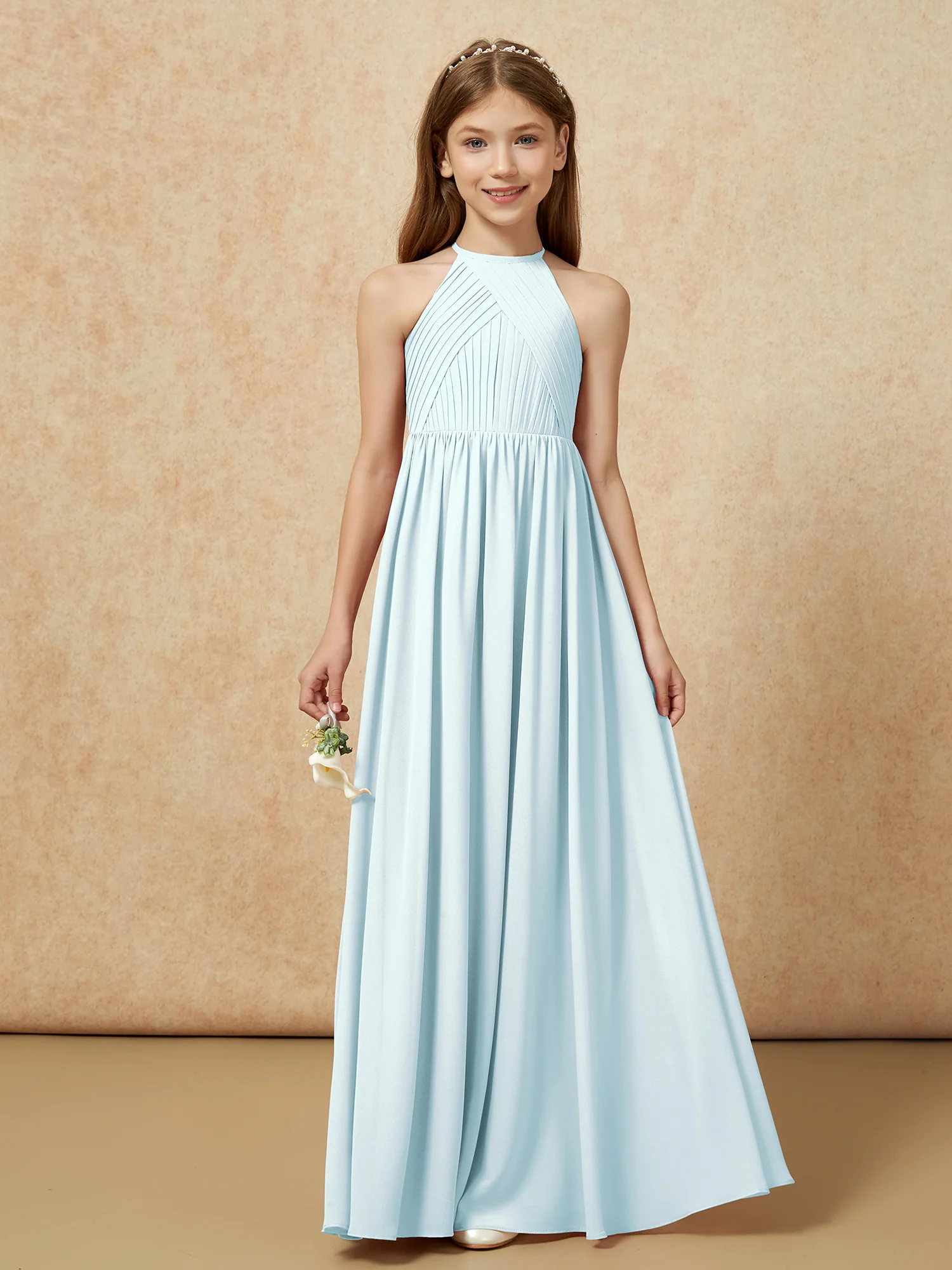 Halter Pleated Long Chiffon Junior Bridesmaid Dress Mist