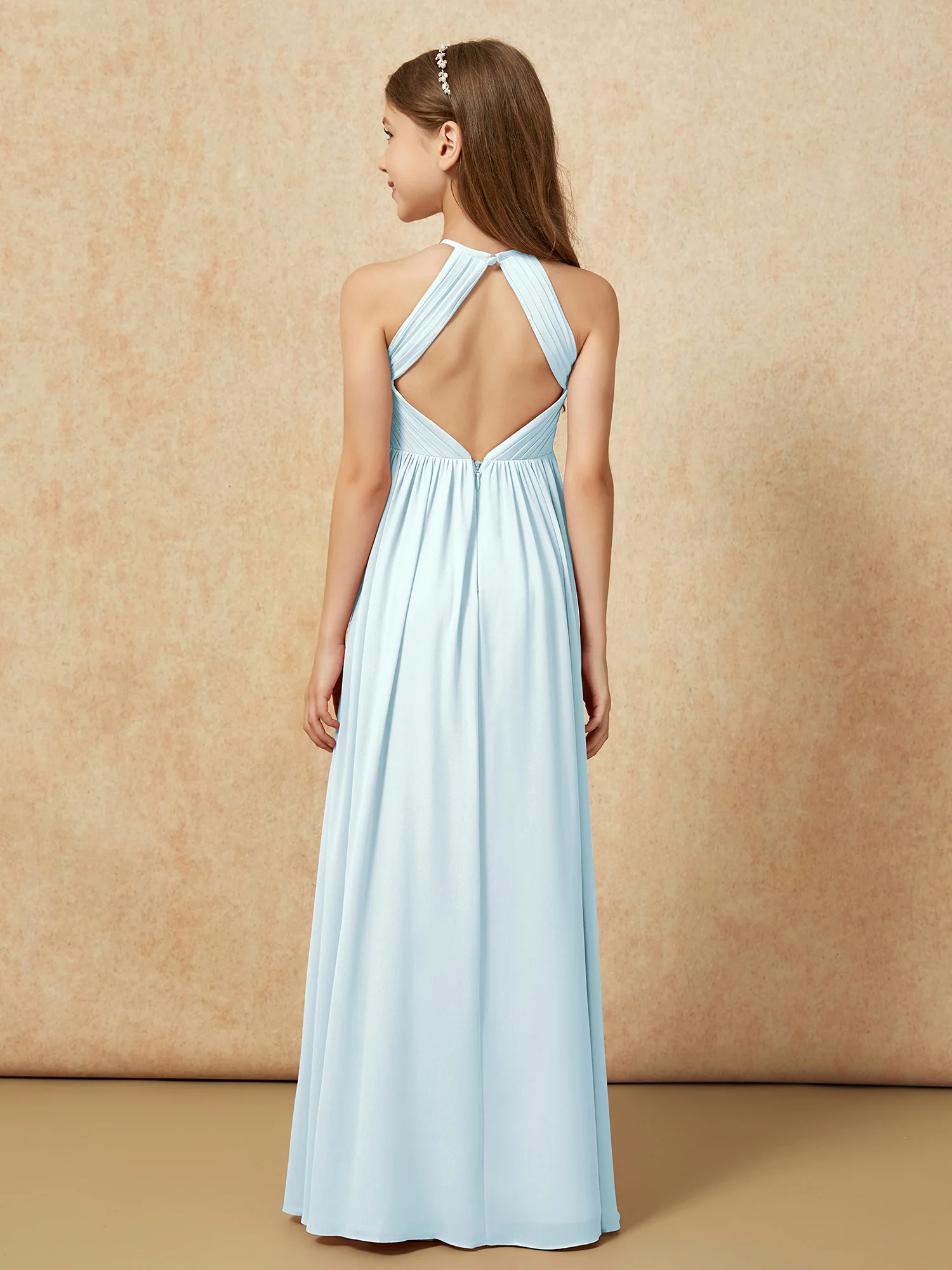 Halter Pleated Long Chiffon Junior Bridesmaid Dress Mist - Image 2