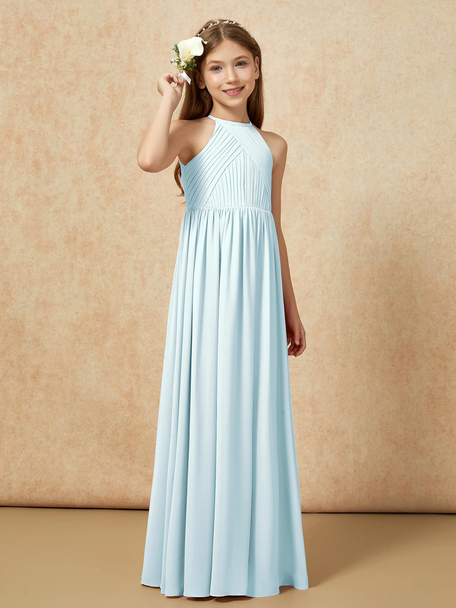 Halter Pleated Long Chiffon Junior Bridesmaid Dress Mist - Image 4