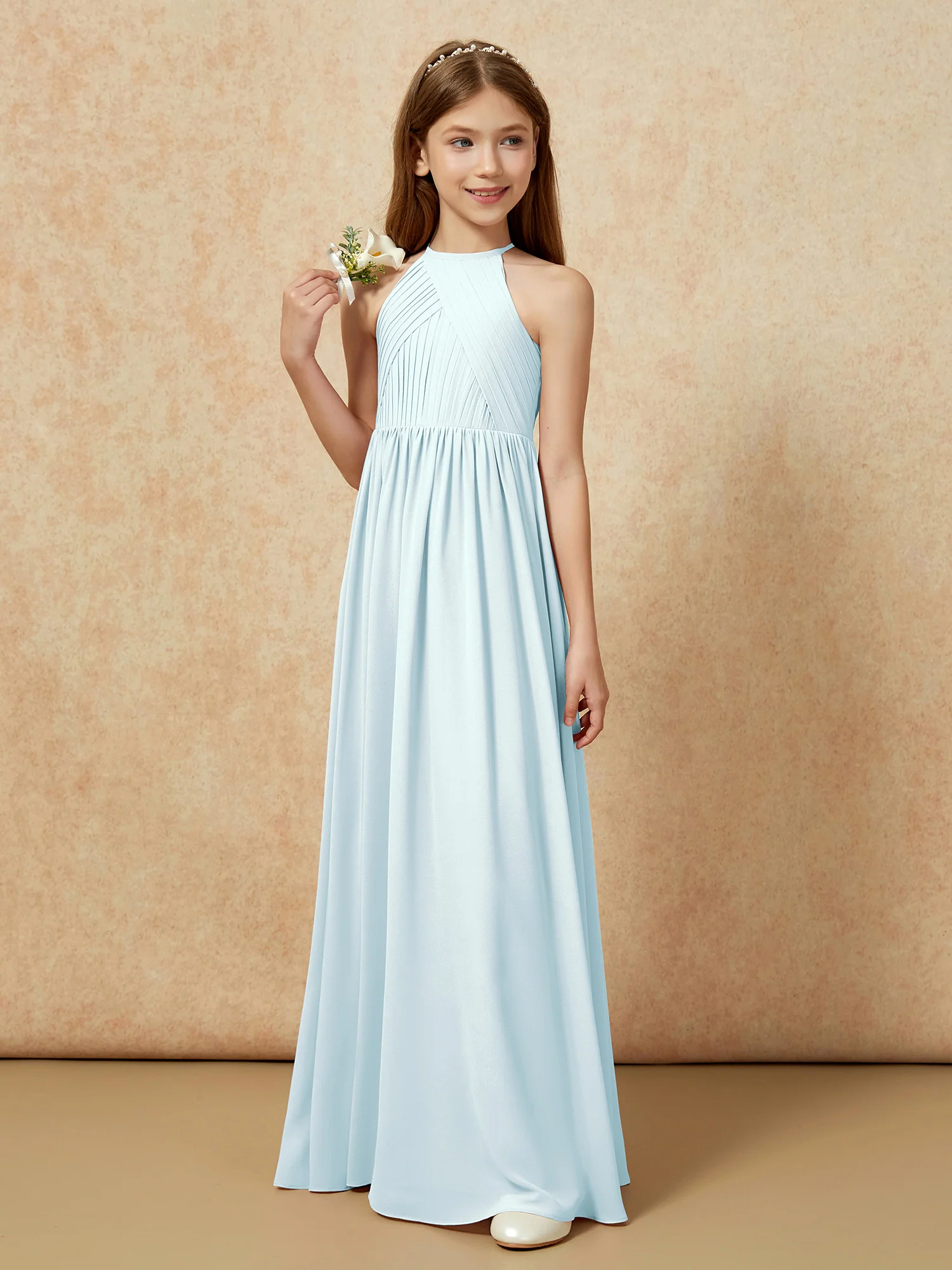 Halter Pleated Long Chiffon Junior Bridesmaid Dress Mist - Image 5