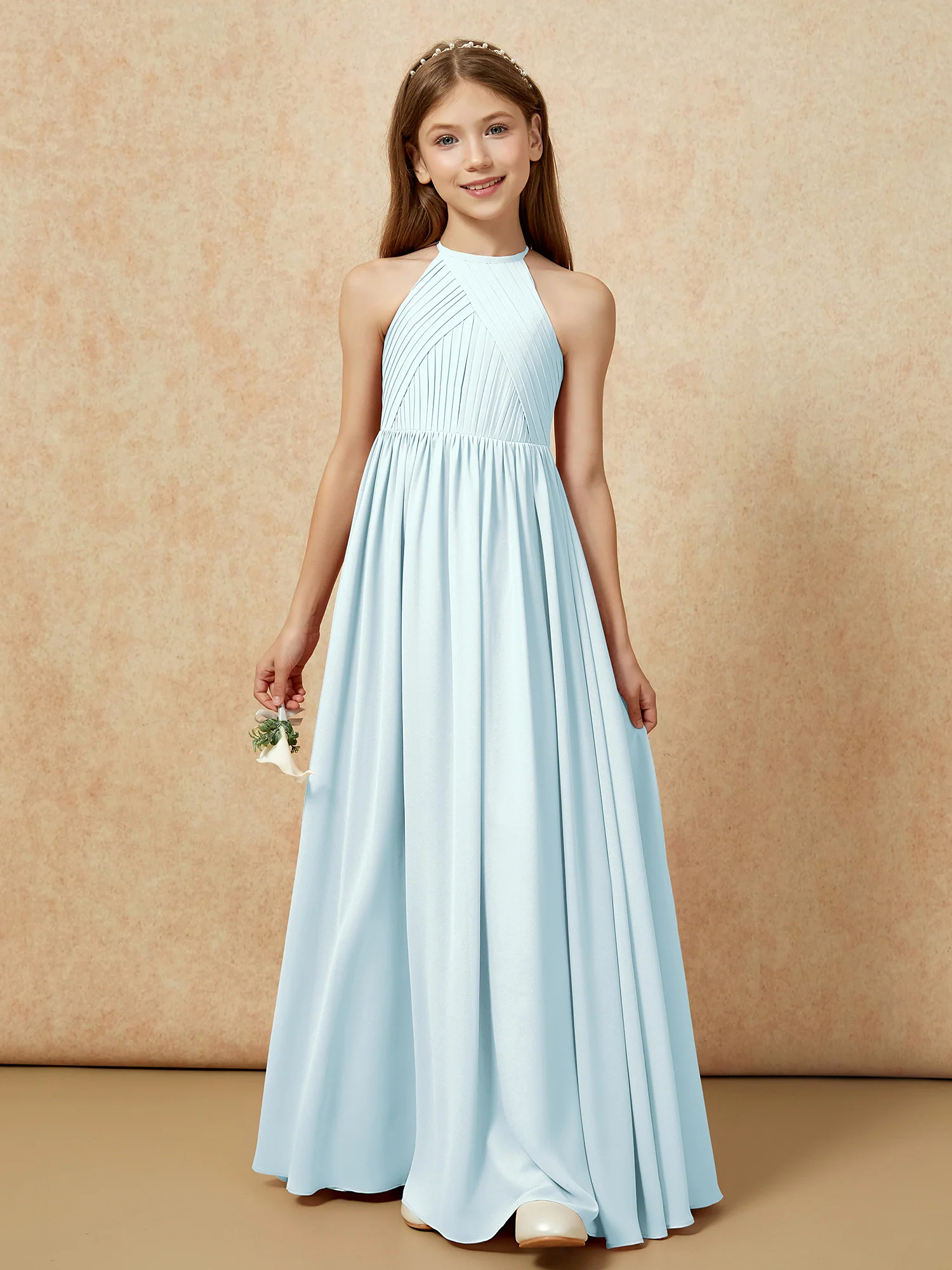 Halter Pleated Long Chiffon Junior Bridesmaid Dress Mist - Image 6