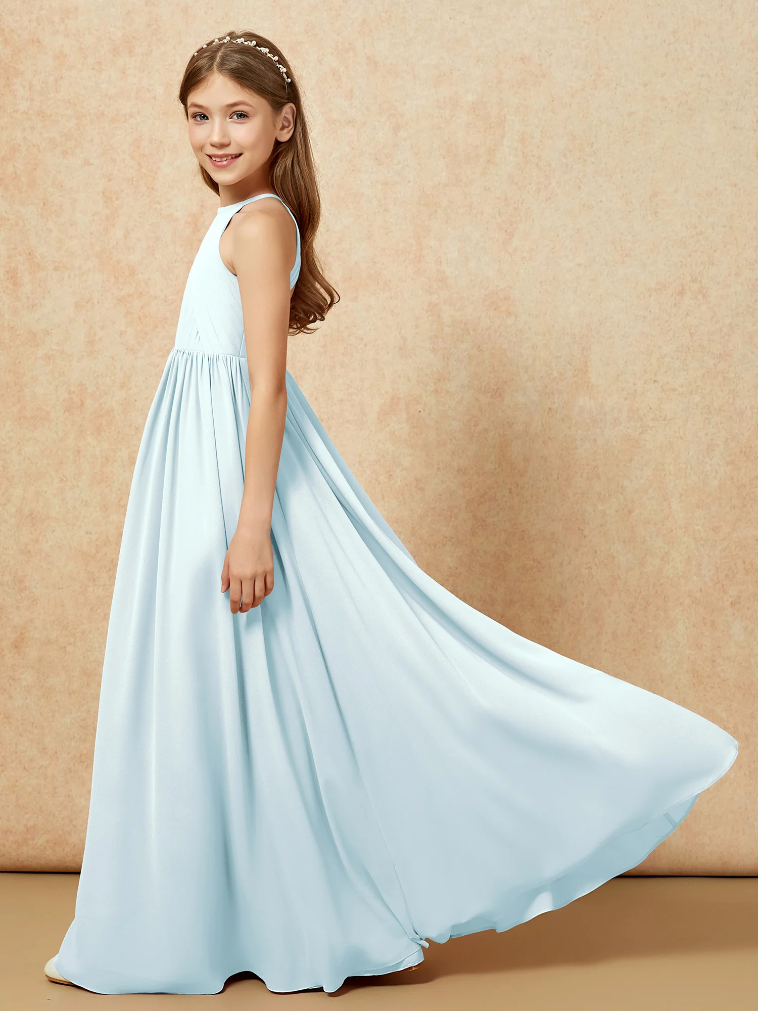 Halter Pleated Long Chiffon Junior Bridesmaid Dress Mist - Image 7