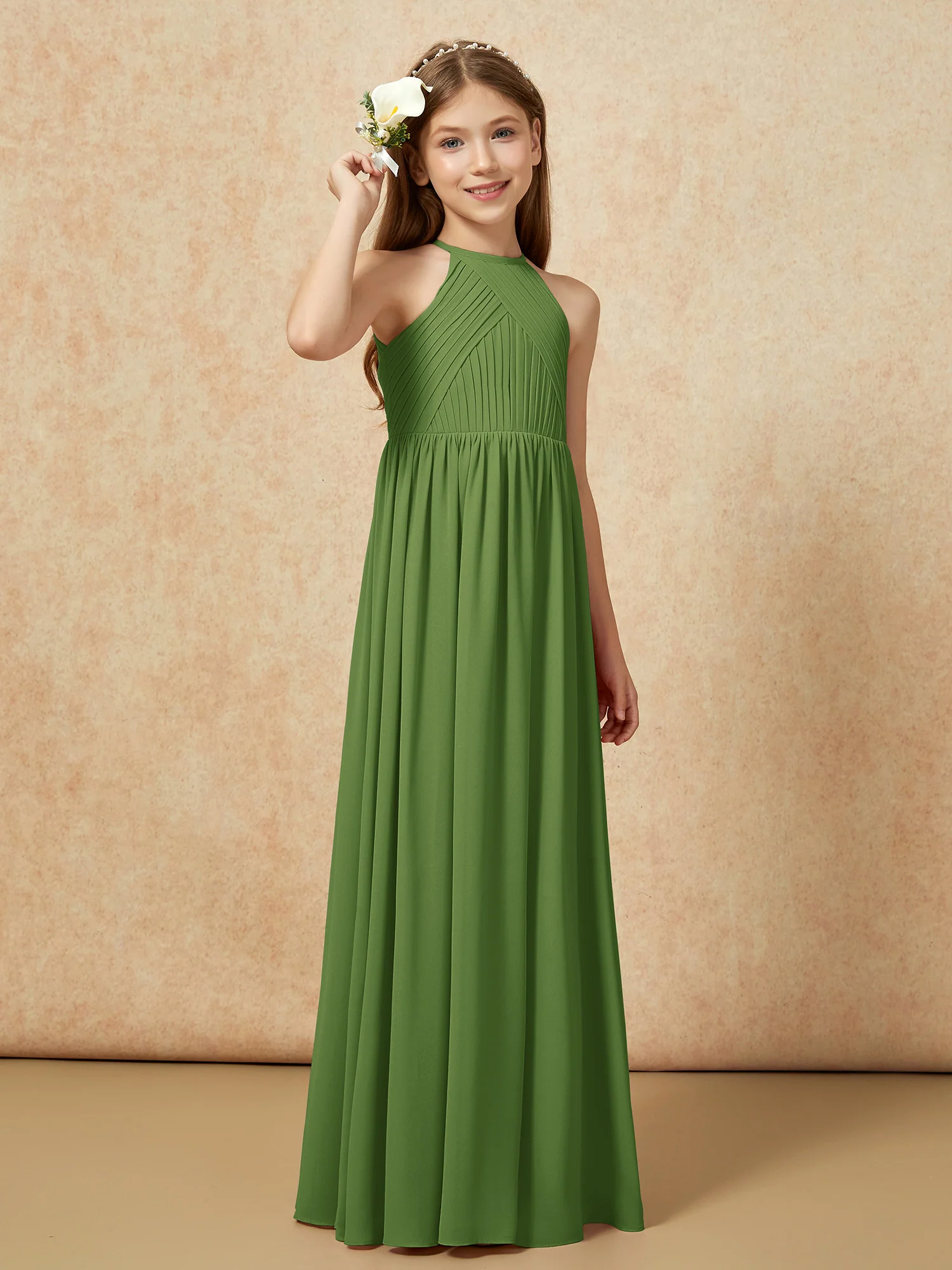 Halter Pleated Long Chiffon Junior Bridesmaid Dress Moss - Image 4