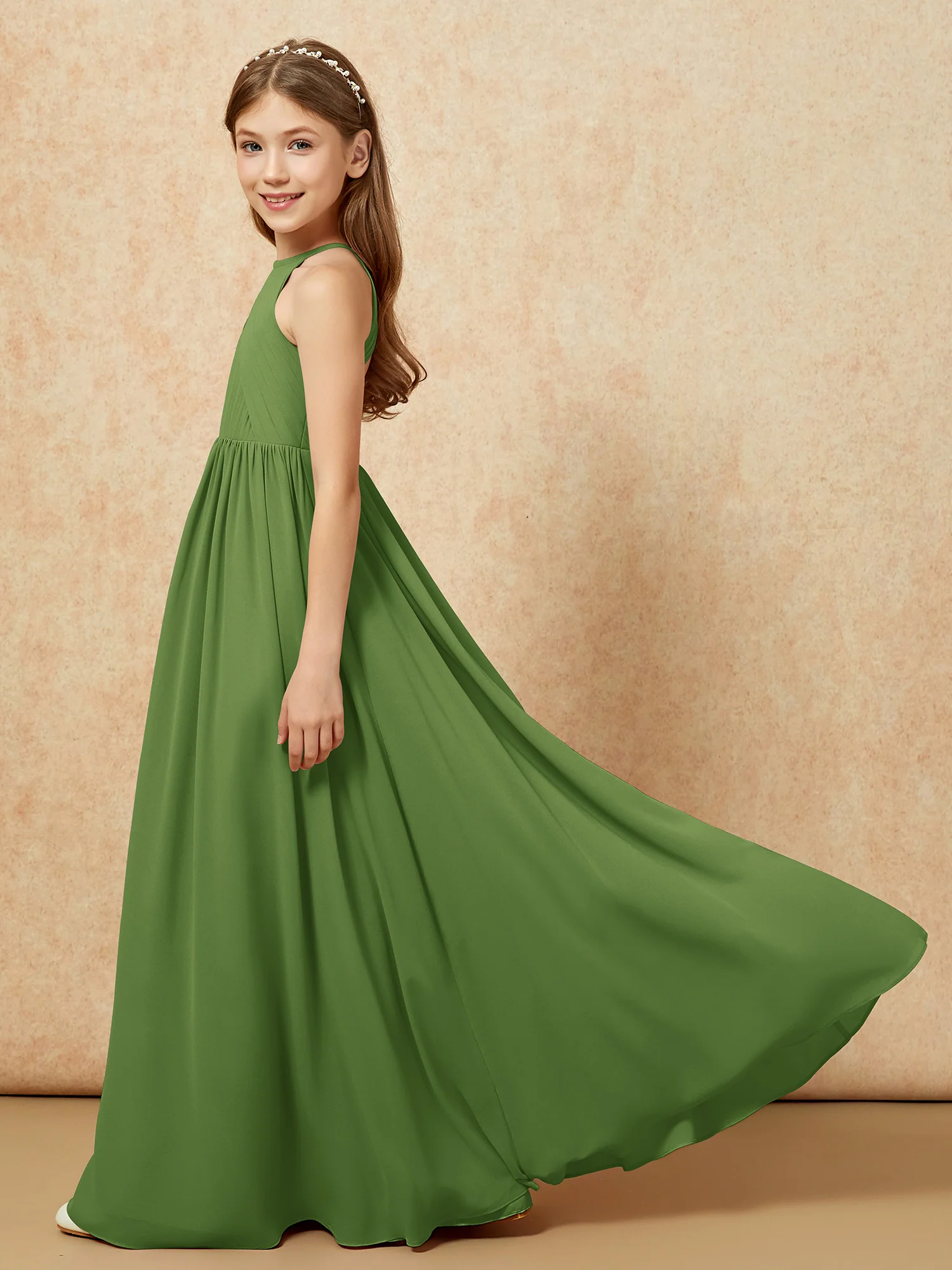 Halter Pleated Long Chiffon Junior Bridesmaid Dress Moss - Image 7