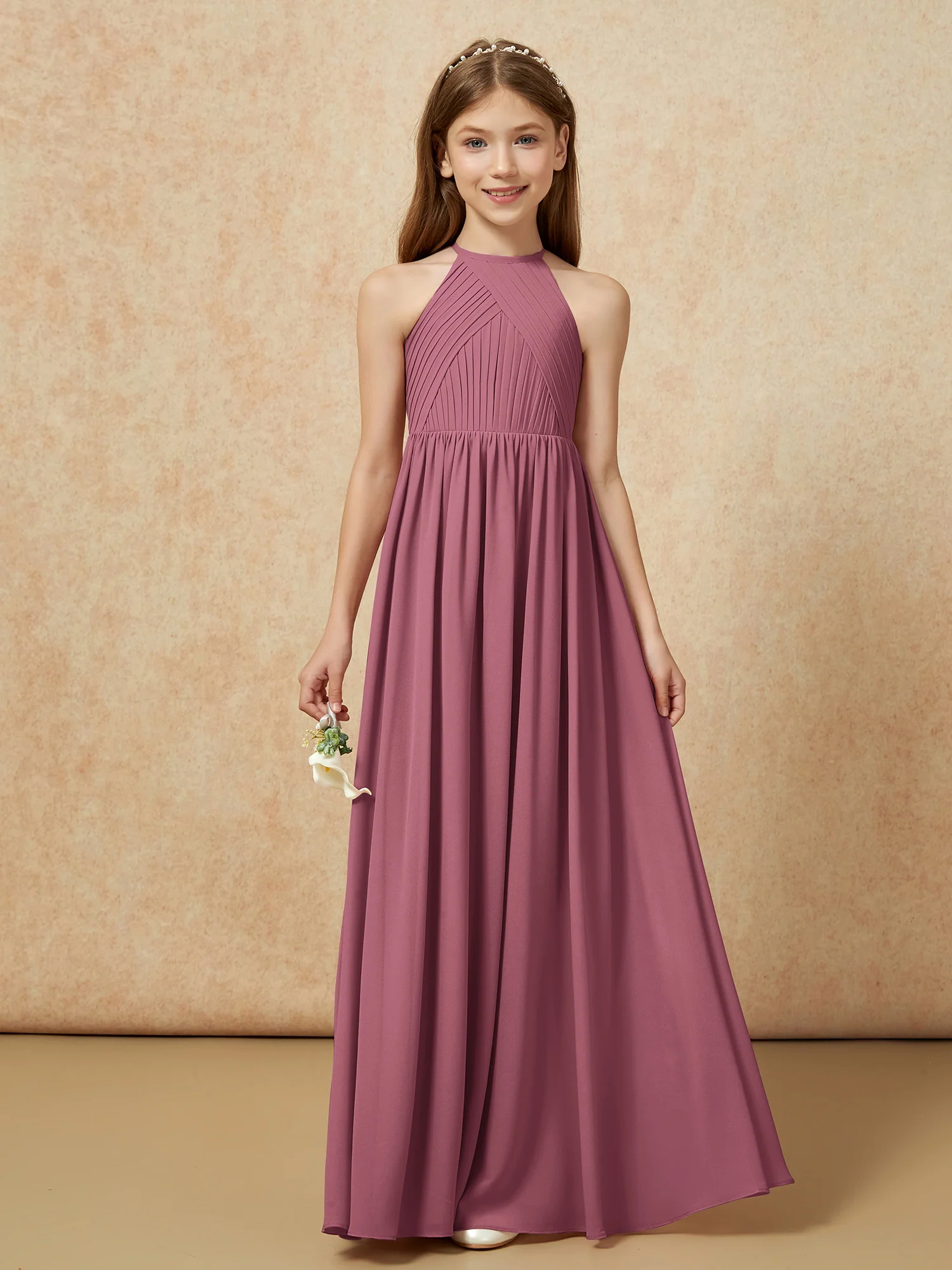 Halter Pleated Long Chiffon Junior Bridesmaid Dress Mulberry