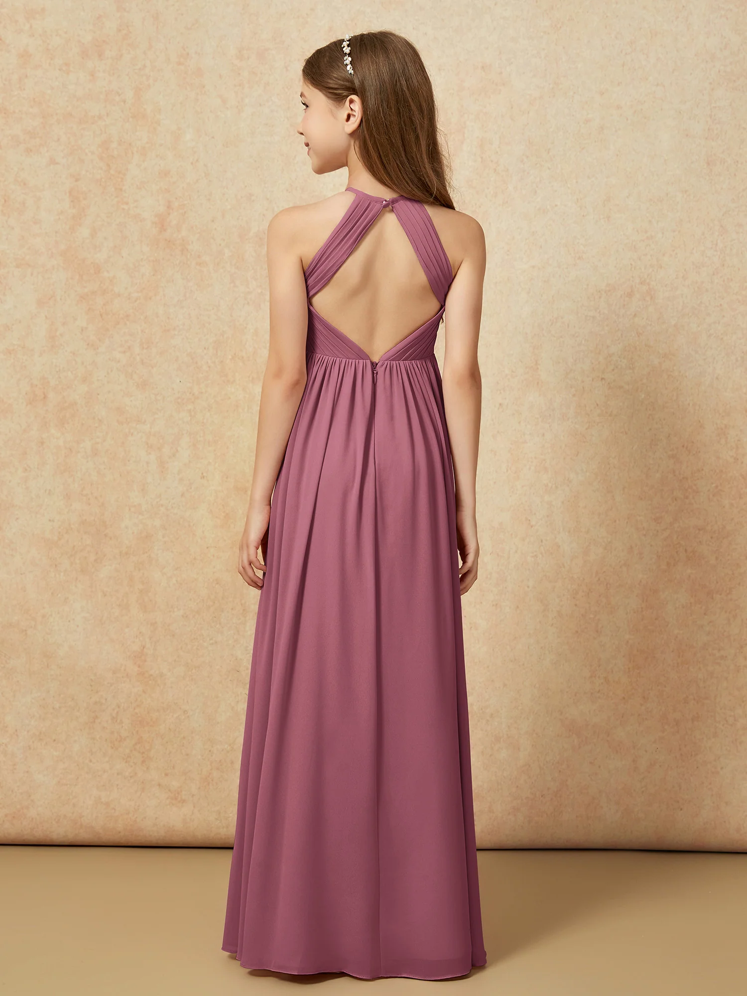 Halter Pleated Long Chiffon Junior Bridesmaid Dress Mulberry - Image 2
