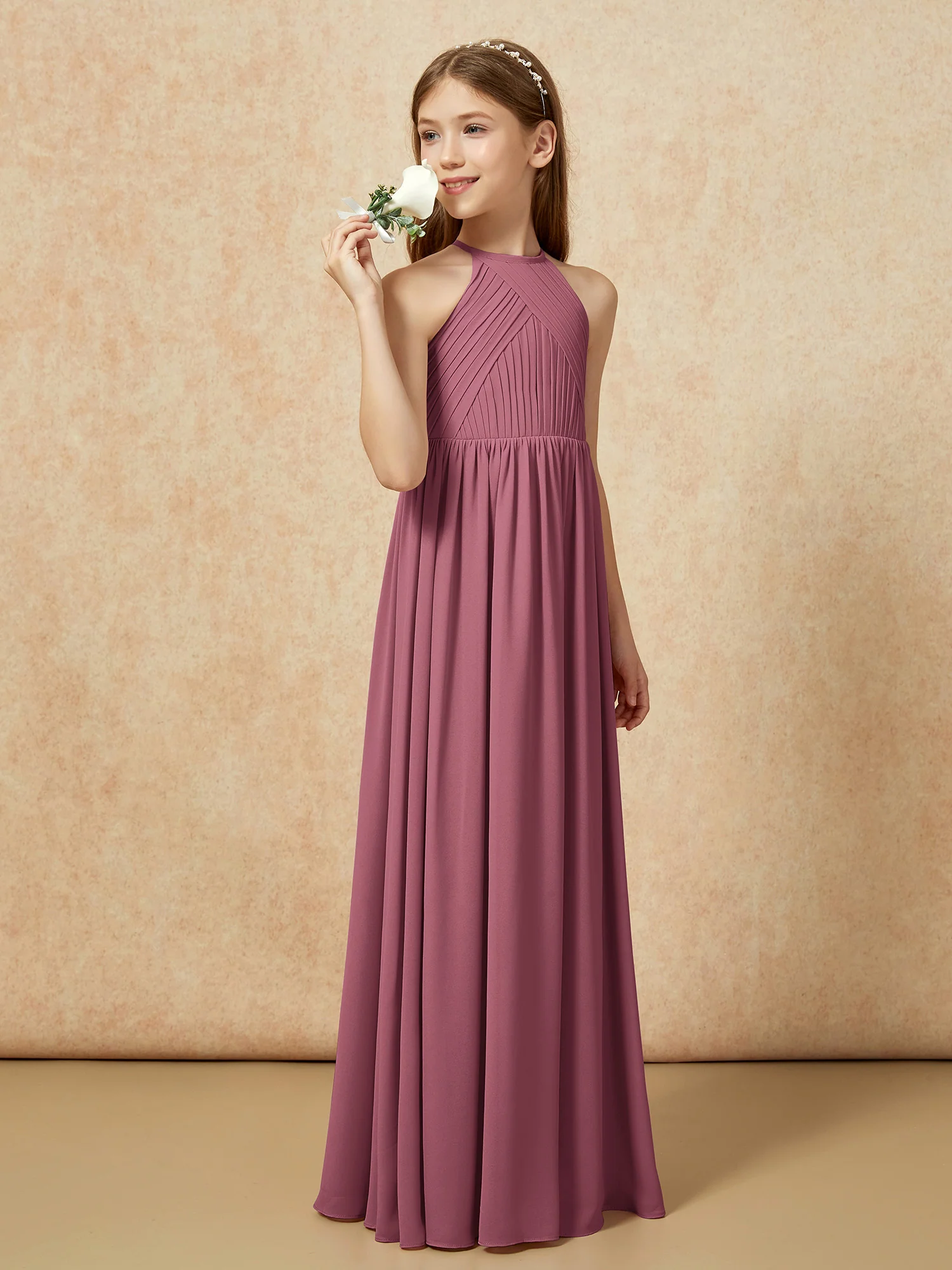 Halter Pleated Long Chiffon Junior Bridesmaid Dress Mulberry - Image 3