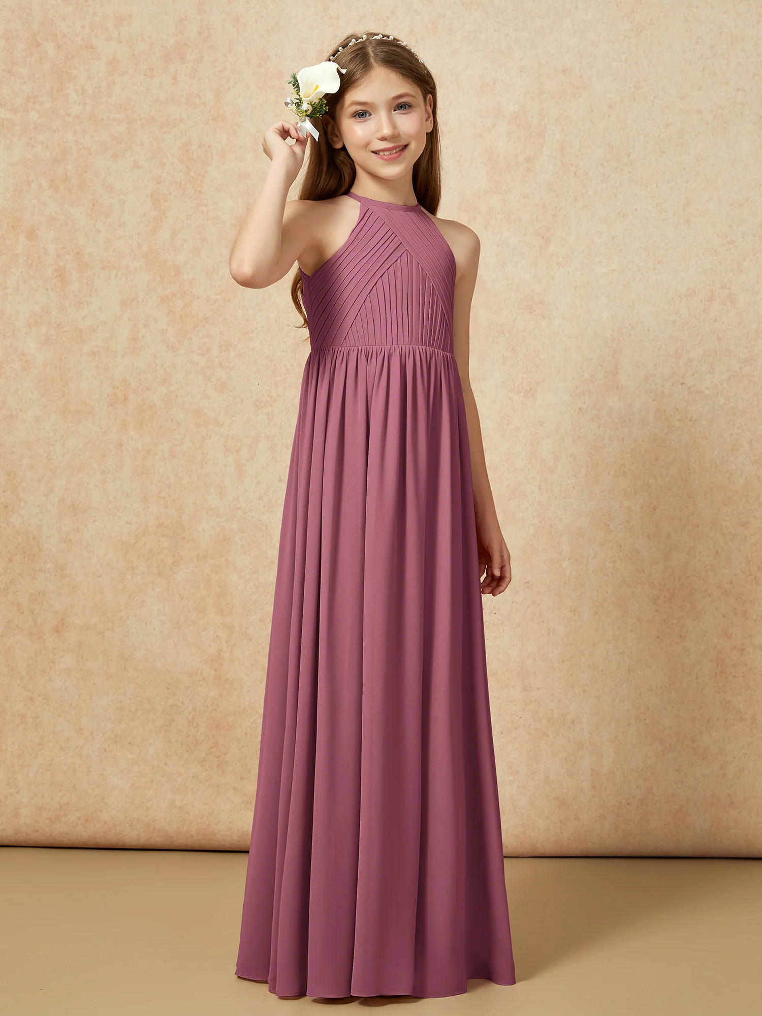 Halter Pleated Long Chiffon Junior Bridesmaid Dress Mulberry - Image 4