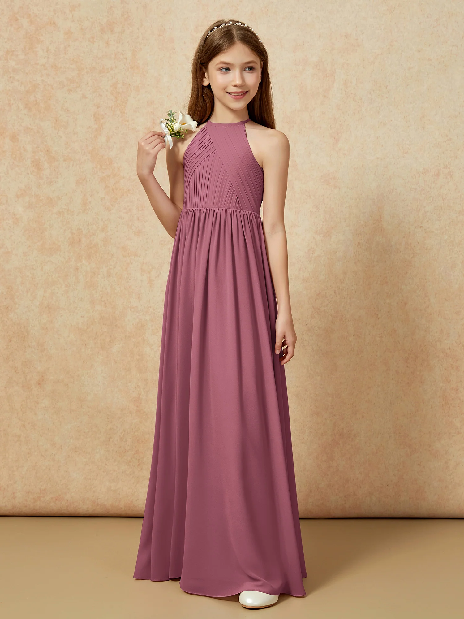 Halter Pleated Long Chiffon Junior Bridesmaid Dress Mulberry - Image 5
