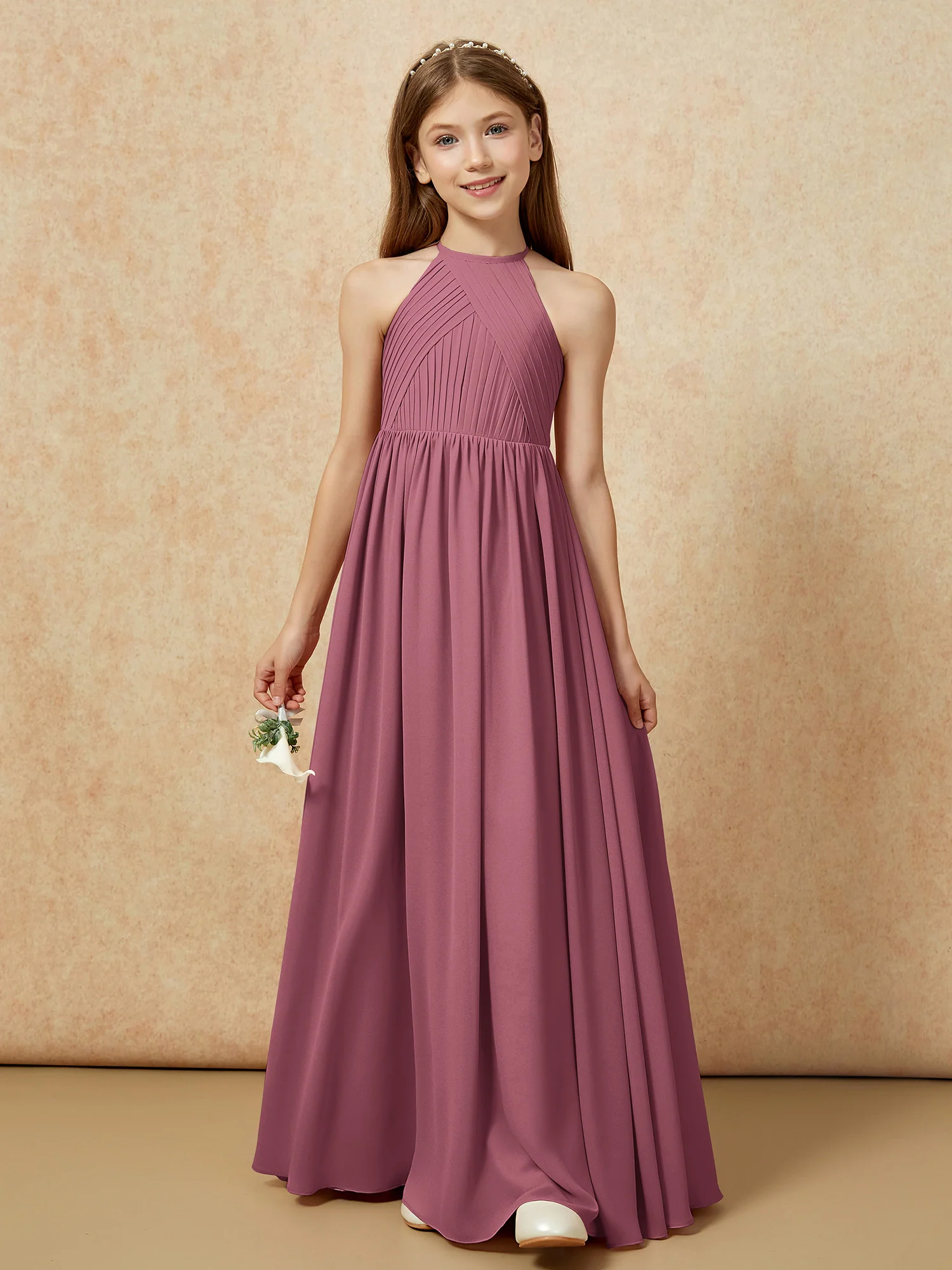 Halter Pleated Long Chiffon Junior Bridesmaid Dress Mulberry - Image 6